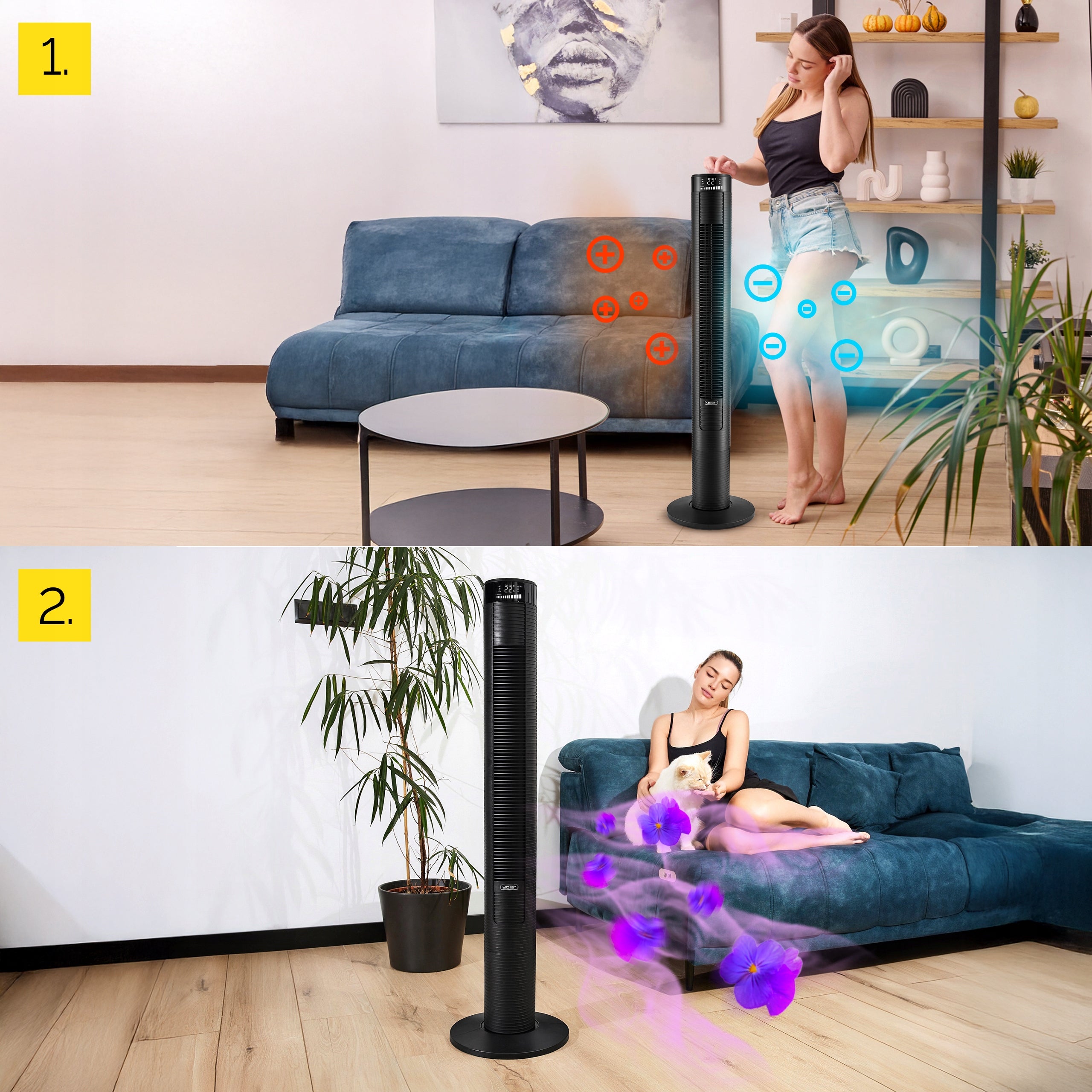 Standing column fan Silent Yoer +10m range 4 modes Ionization AROMA Dominant color black