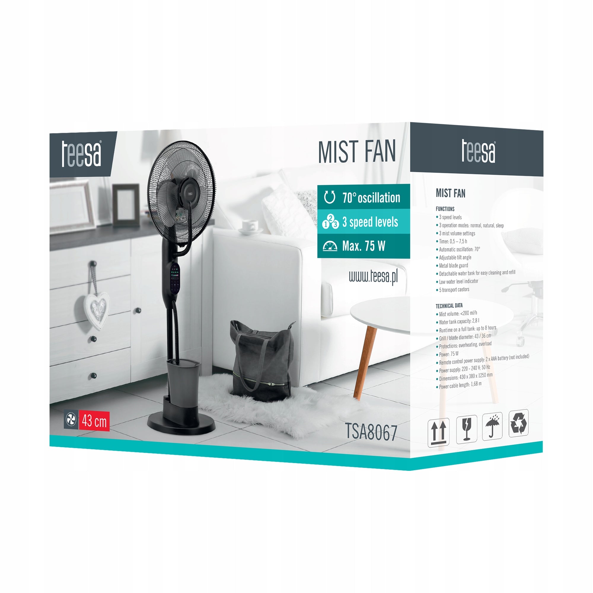 Standing fan with water mist Teesa remote control TIMER oscillation Weight 8 kg