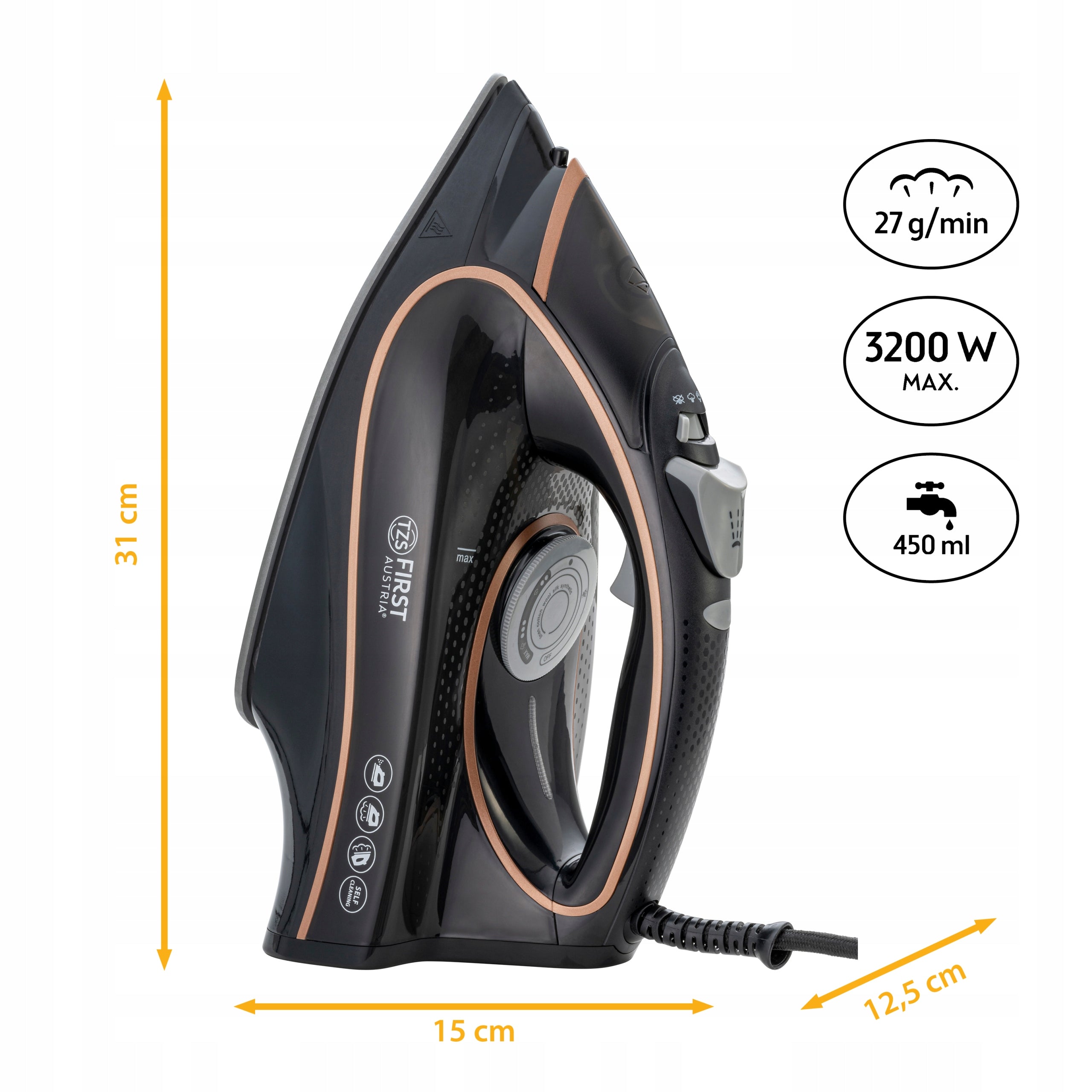 Steam iron strong TZS First Austria FA-5627-3-BA high power 3200W 450ml Manufacturer code 5627-3-BA
