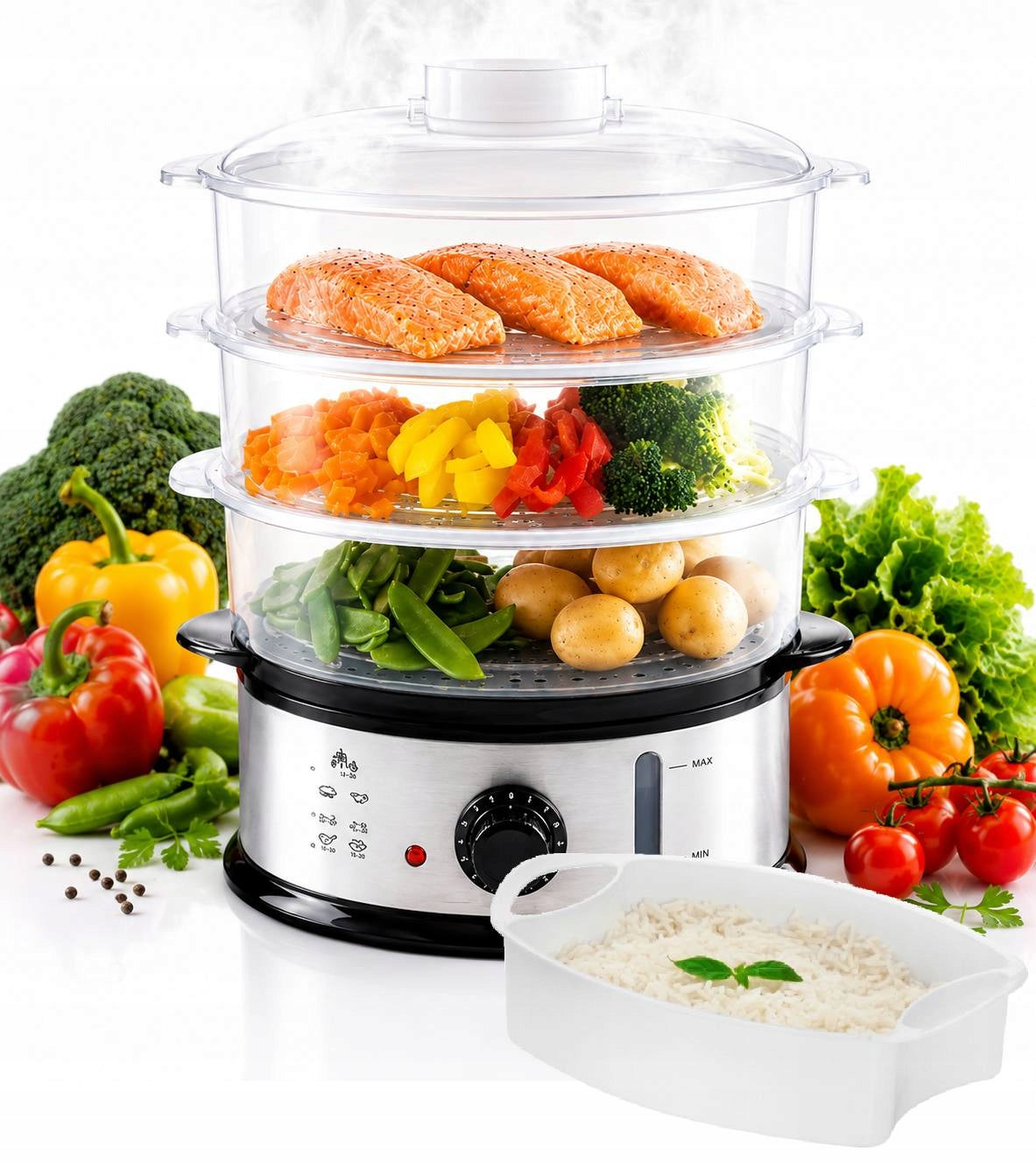 Steamer Ambiano 9L 800W 3 levels stainless steel steaming
