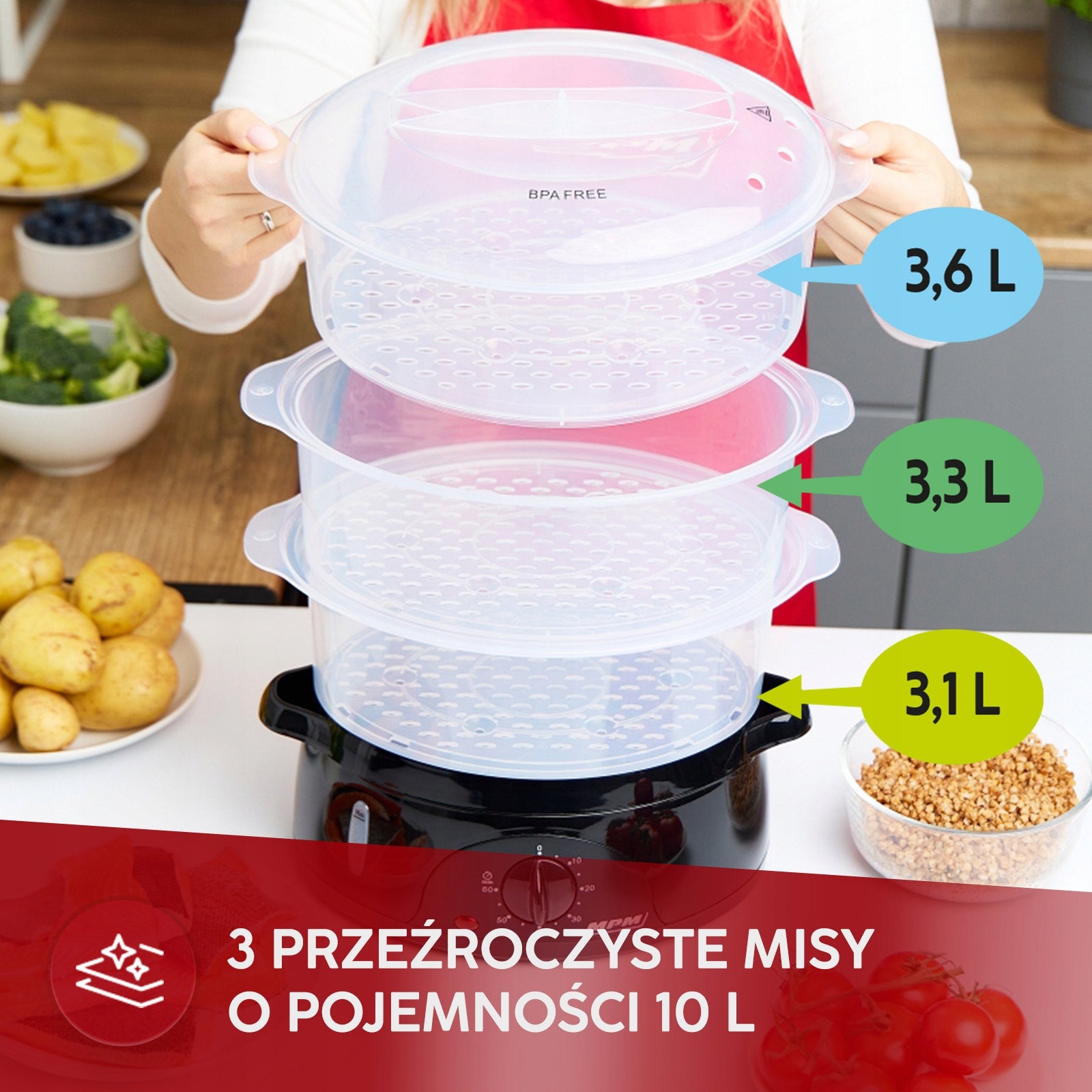 Steamer MPM MPA-02 BPA FREE 800W Timer 60 min Rice container 10 liters Packaging status original