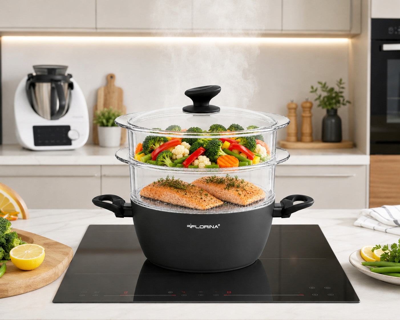 Steaming Pot Induction Steamer 2 Glass Sieves Cartridges AmVegan Packaging status original