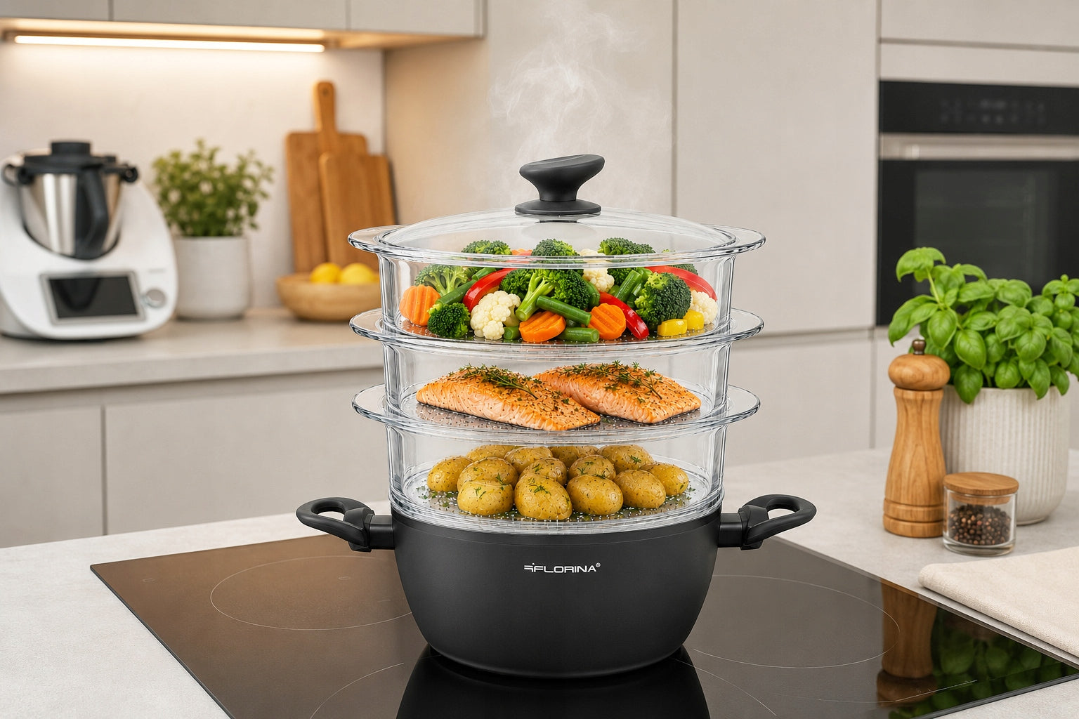 Steaming Pot Induction Steamer 3 Glass Sieves Cartridges AmVegan Packaging status original