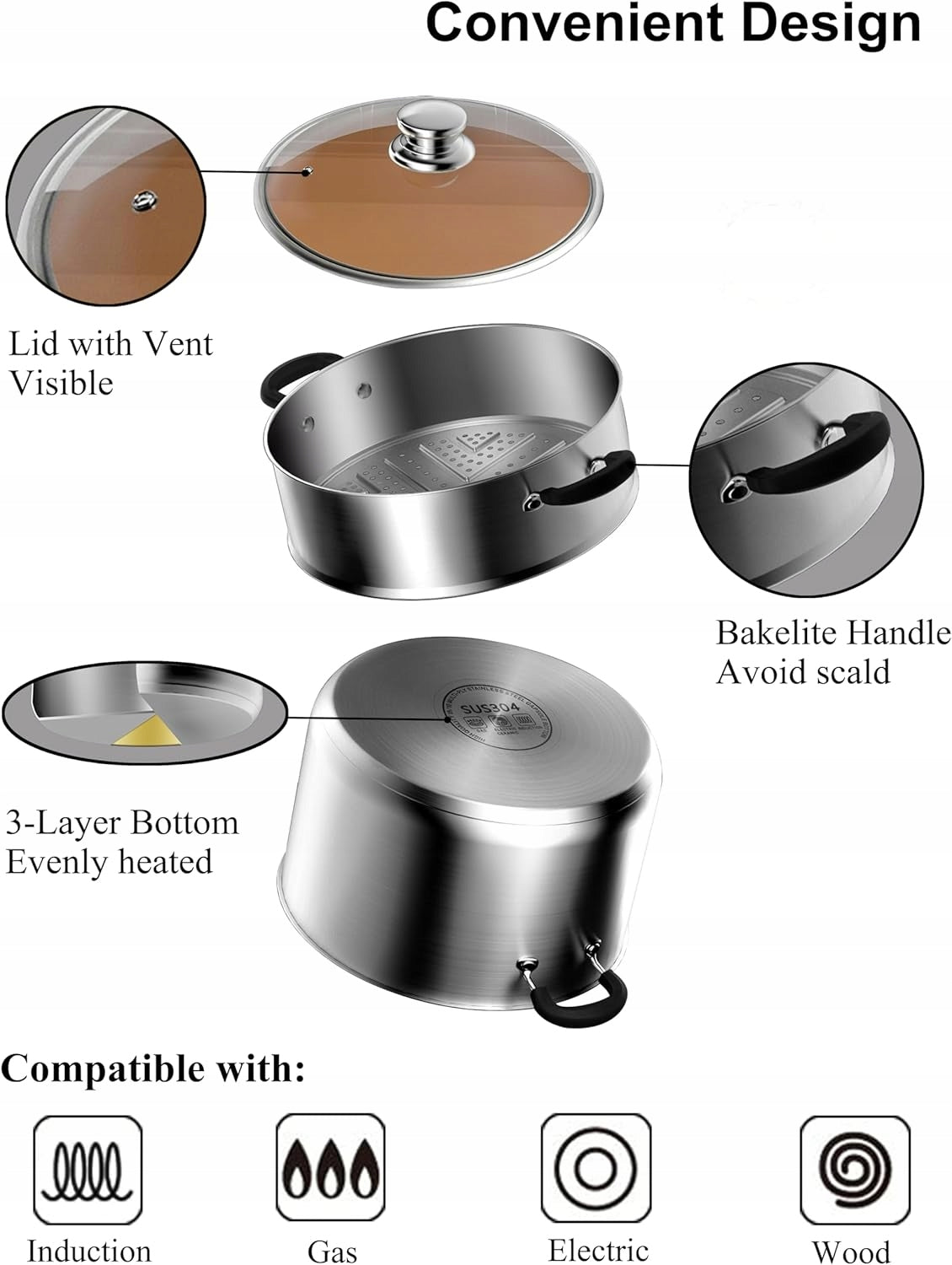 Steaming pot VENTION 3,6L 22cm| Stainless steel Brand Vention