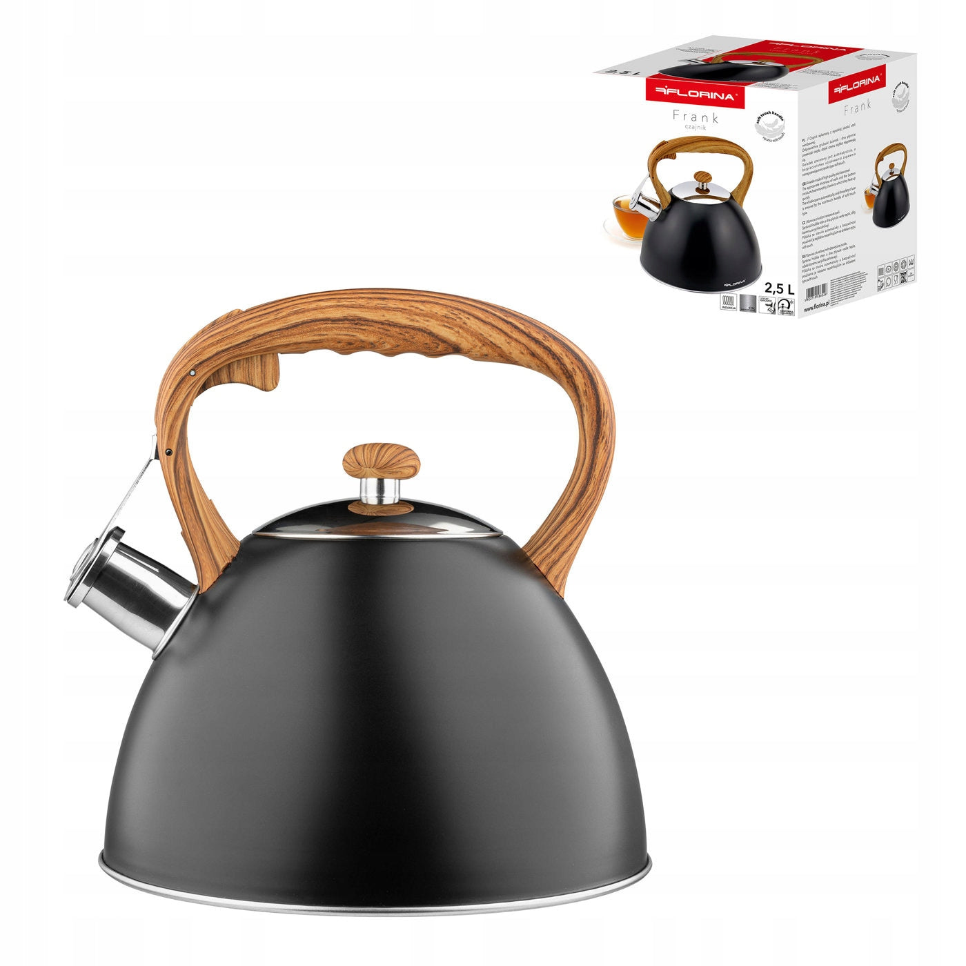 Steel kettle Florina Frank 2,5L black with whistle induction gas
