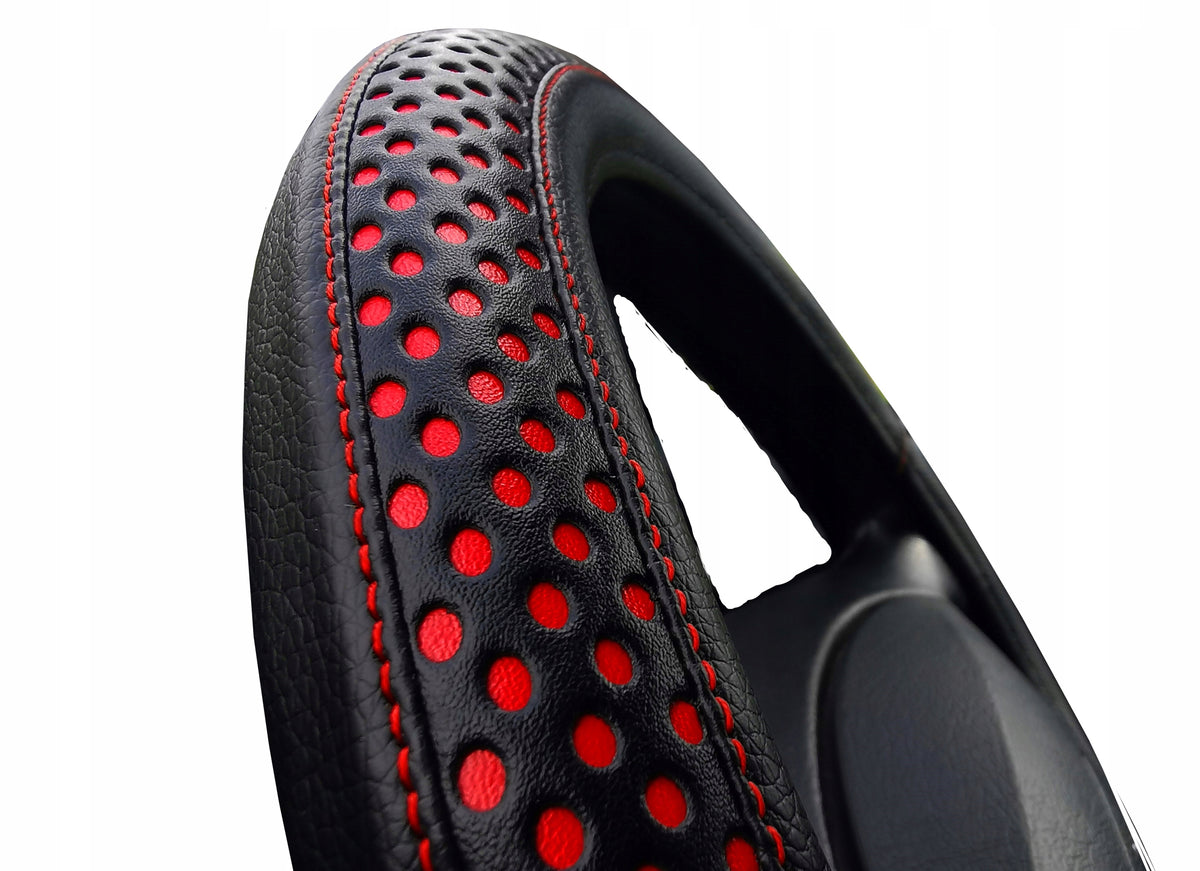 Steering Wheel Cover Black and Red Overlay Leather 37-39 cm POK-R RED