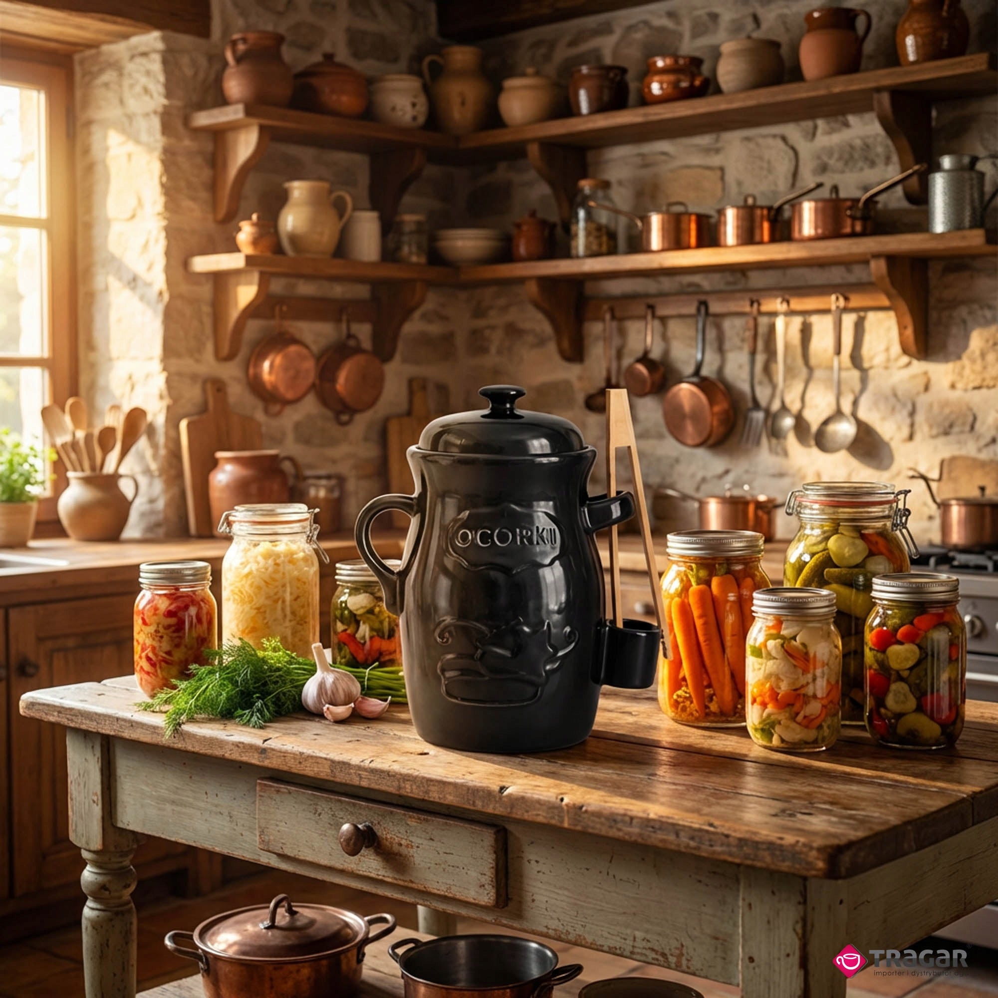 Stoneware Barrel 3,5L with Cucumber Pickling Pincers Universal Black Brand Bella Fiore