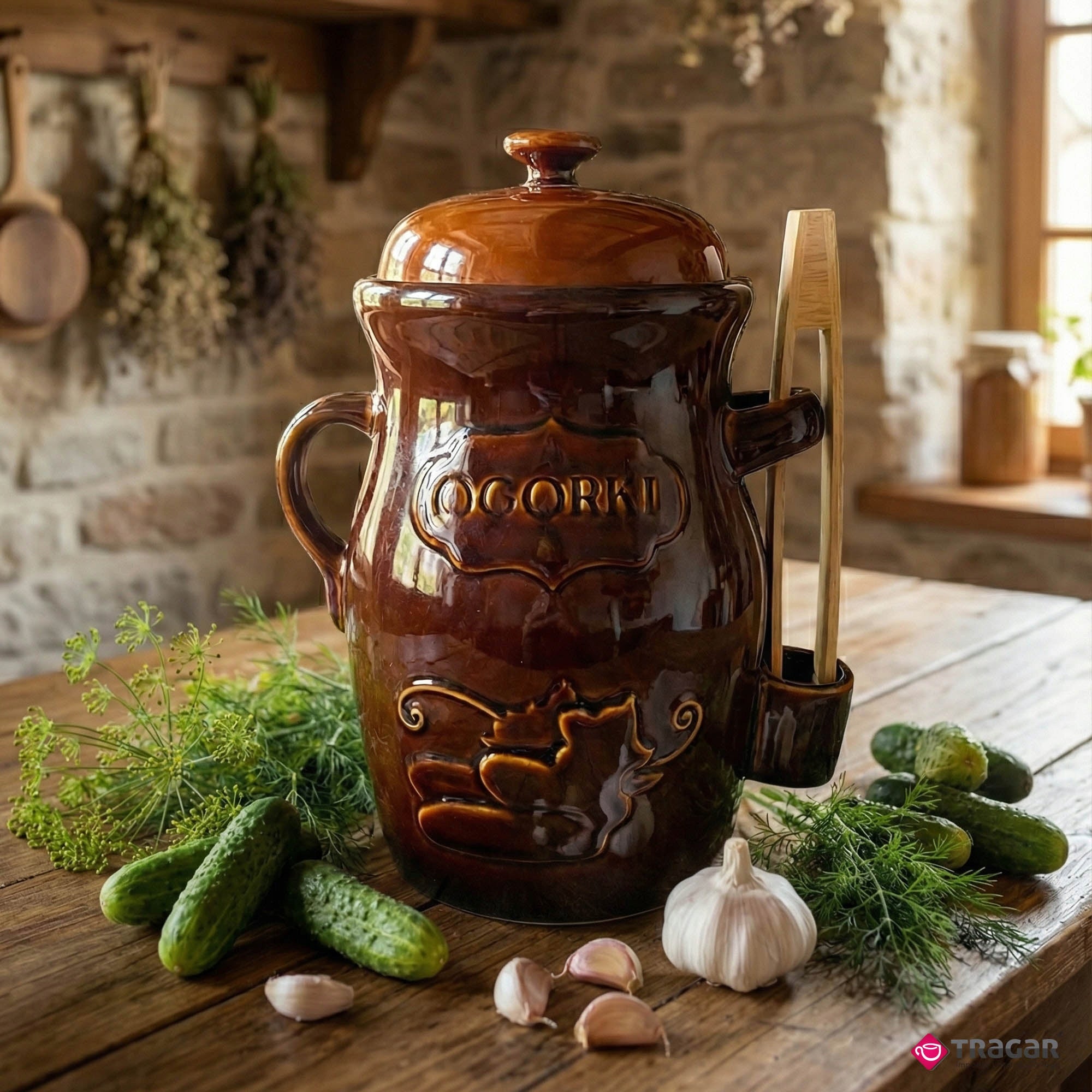 Stoneware Barrel 3,5L with Cucumber Pickling Pincers Universal Brown Capacity 3.5 l