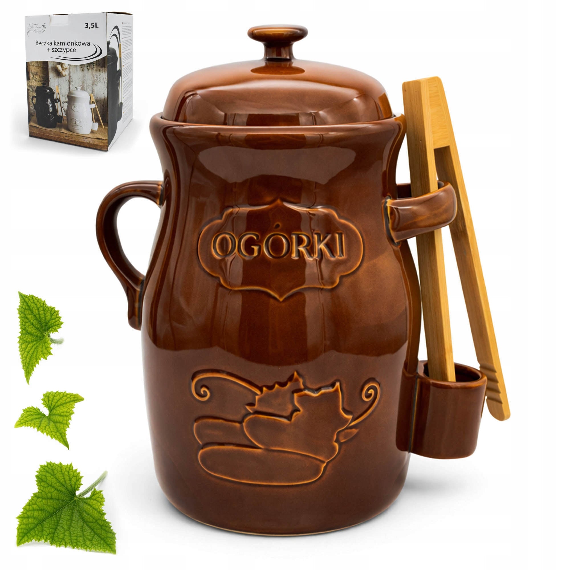 Stoneware Barrel 3,5L with Cucumber Pickling Pincers Universal Brown