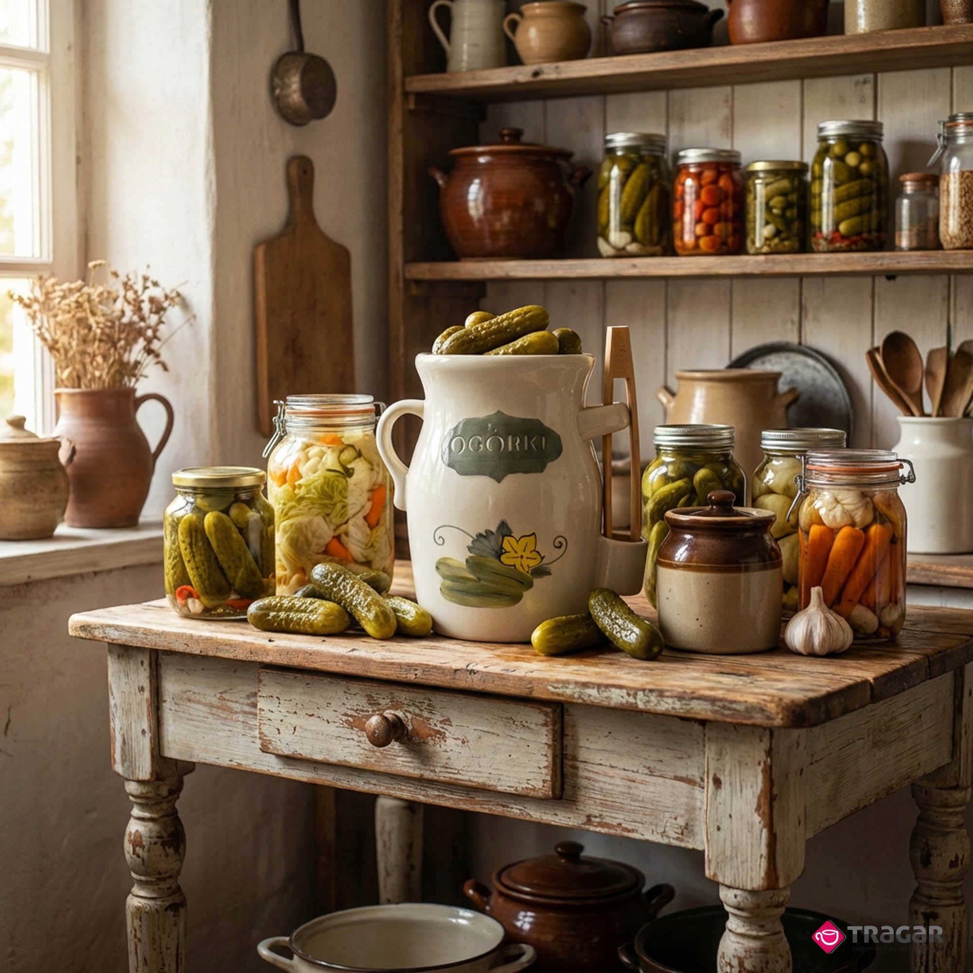 Stoneware Barrel 3,5L with Cucumber Pickling Pincers Universal Cream Brand Bella Fiore