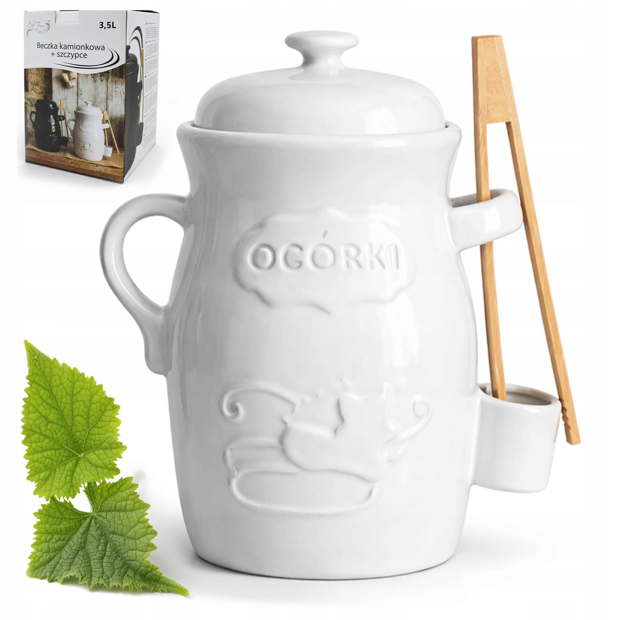 Stoneware Barrel 3,5L with Cucumber Pickling Pincers Universal White