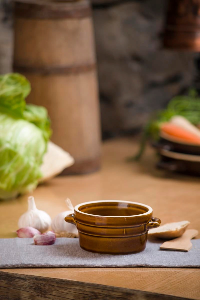 Stoneware pot broth for lard soup 14cm 0,6L oven baking Color brown