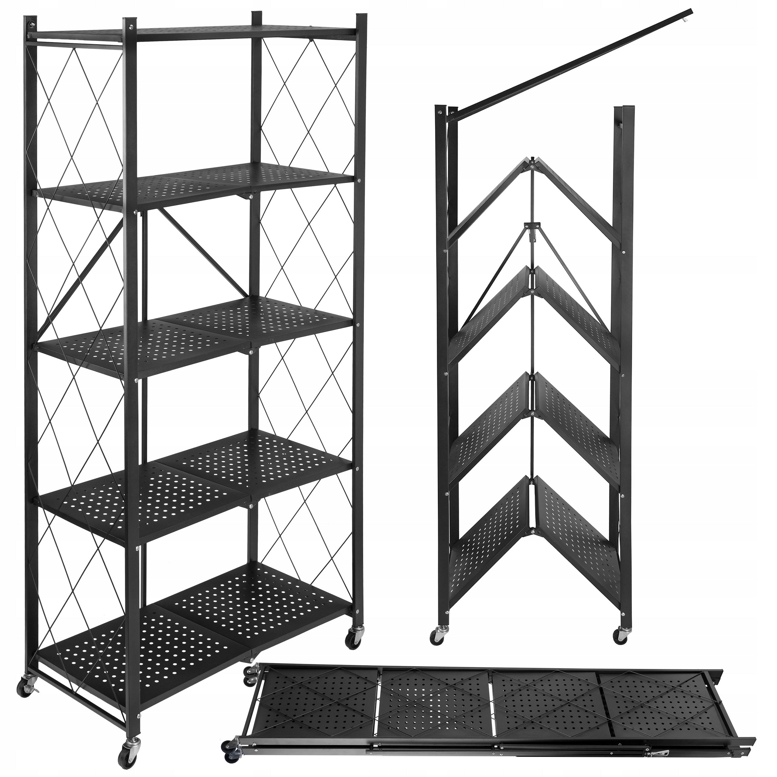 Storage Rack Folding Metal On Wheels Black 5 Shelves Mobile Loft