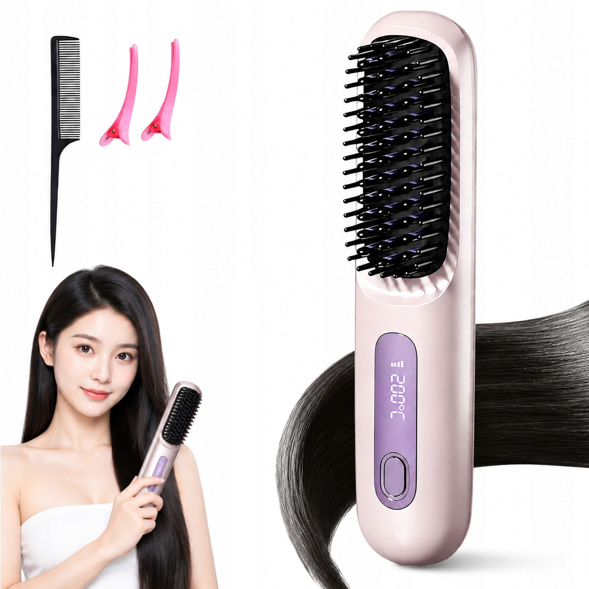 Straightening Brush Comb Straightening Wireless Ion LCD Purple