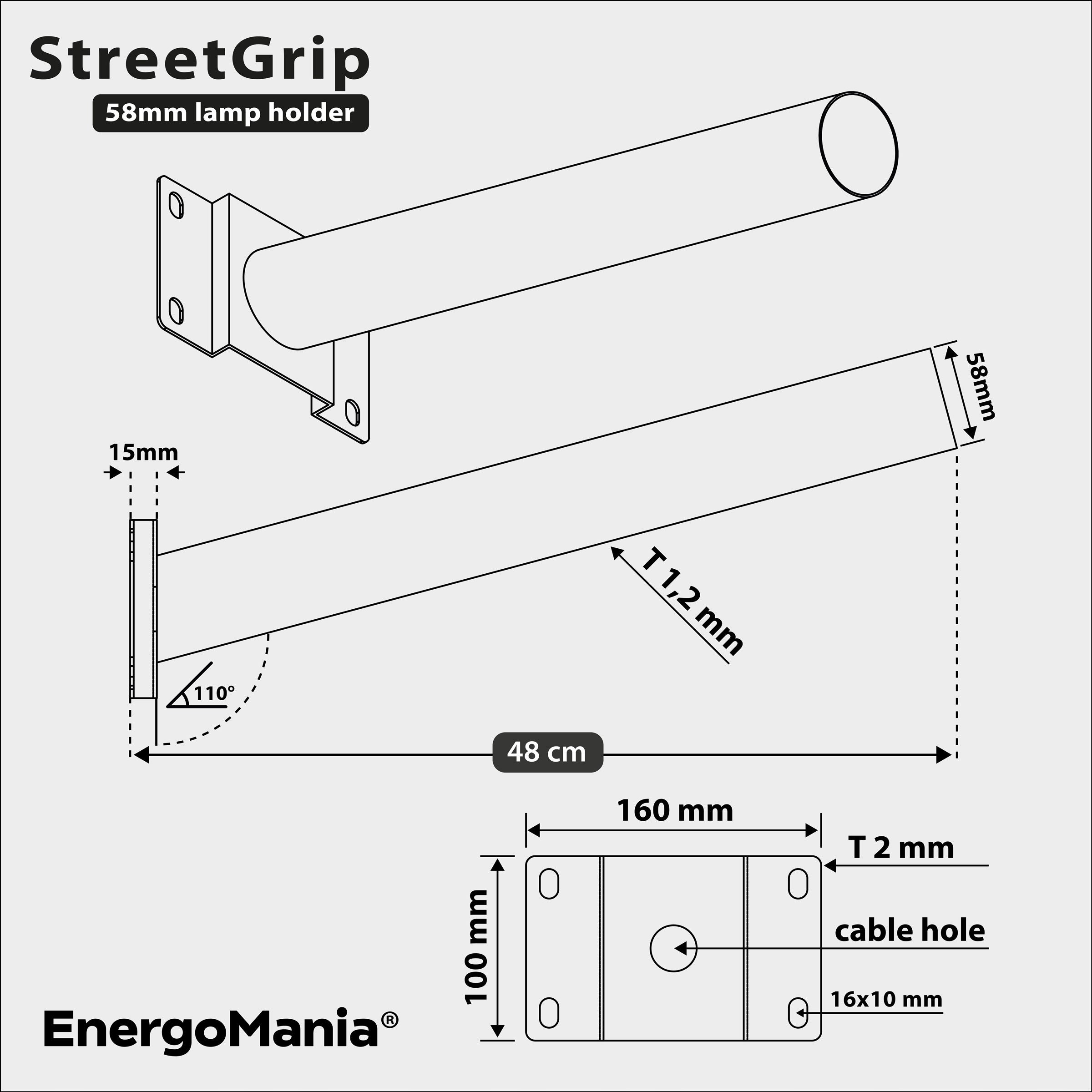 Street lamp boom pole wall mount StreetGrip ⌀60mm 48cm black Brand EnergoMania