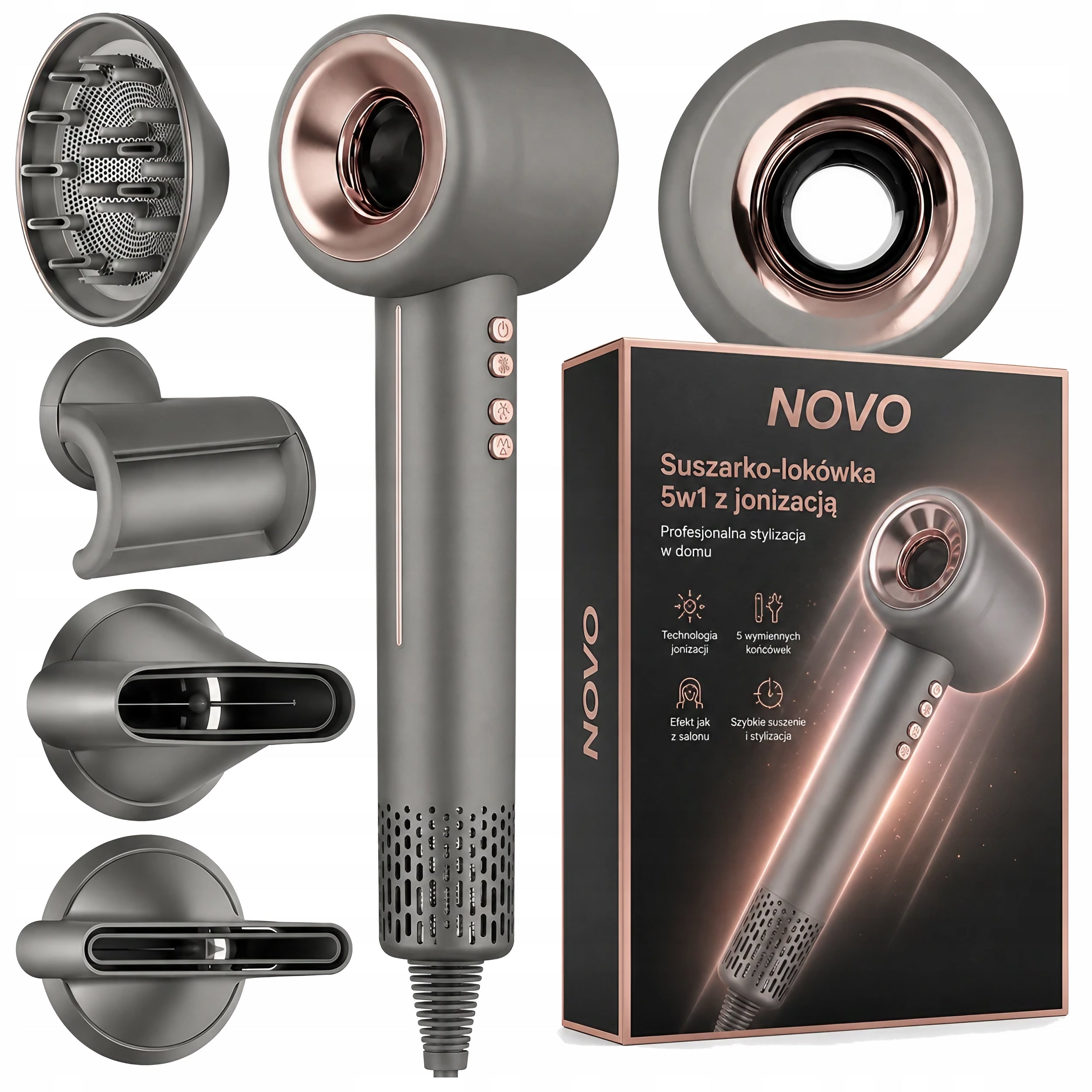 Strong Hair Dryer with Ionization 1600W Modes 5in1 Diffuser Overlays