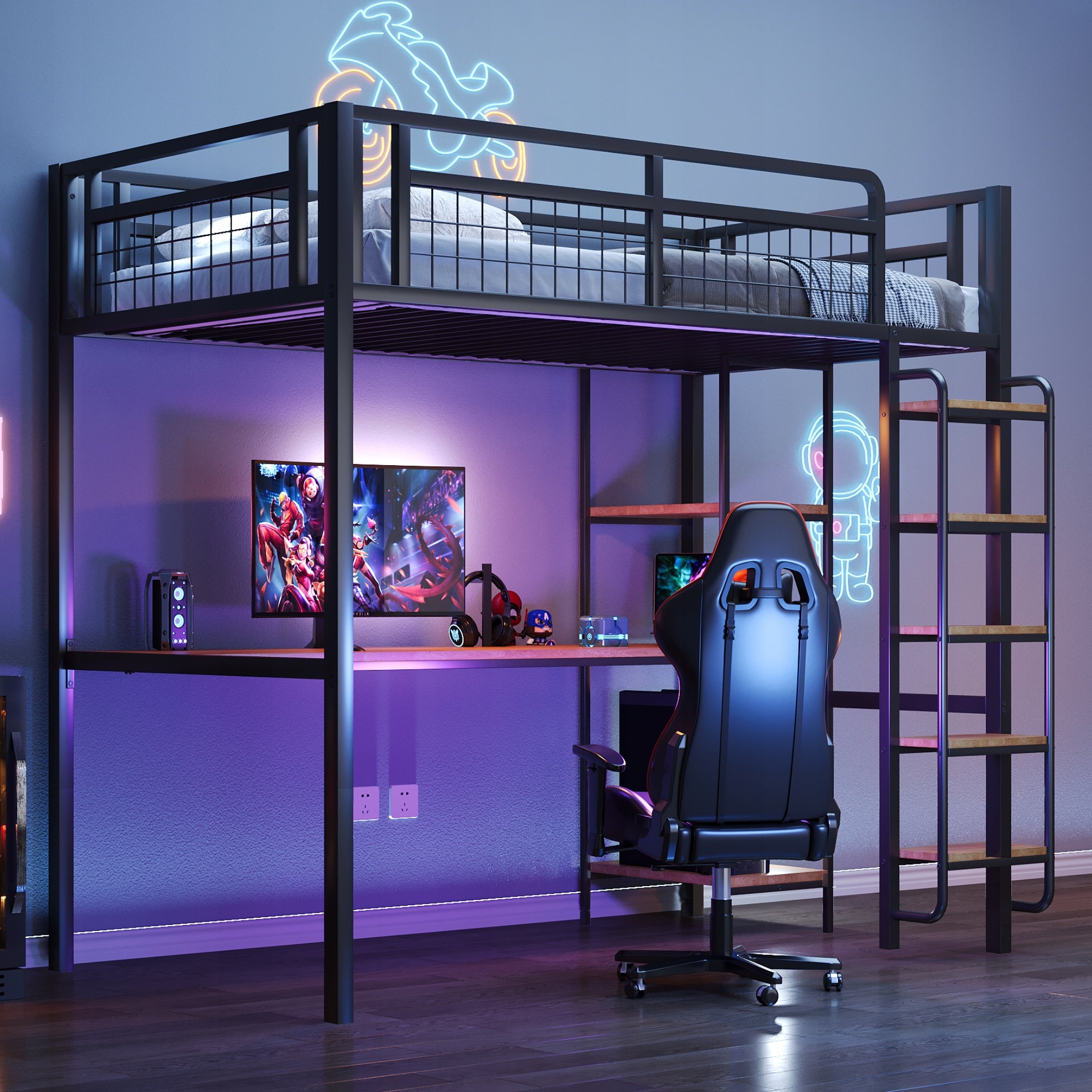 Sturdy Metal High Bed with Desk, Shelves, and Safety Guard, Black Color Manufacturer code 333ORFRLDB00302AAB212