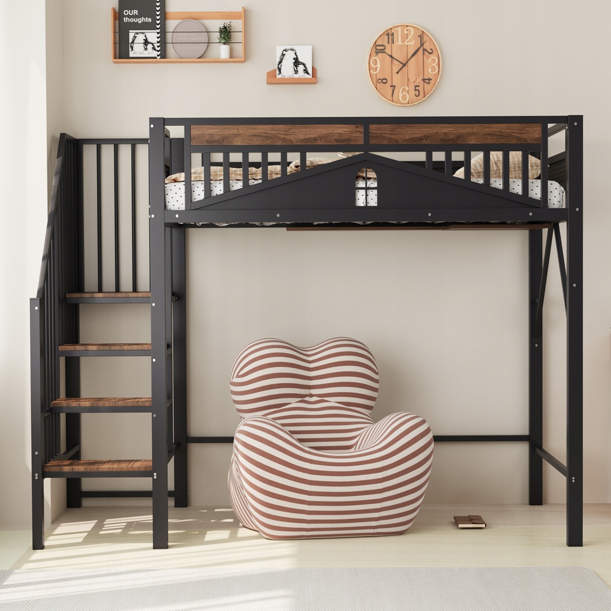 Stylish Black Metal Bed 90x200 cm with Safety Rail and Storage Space Brand no brand