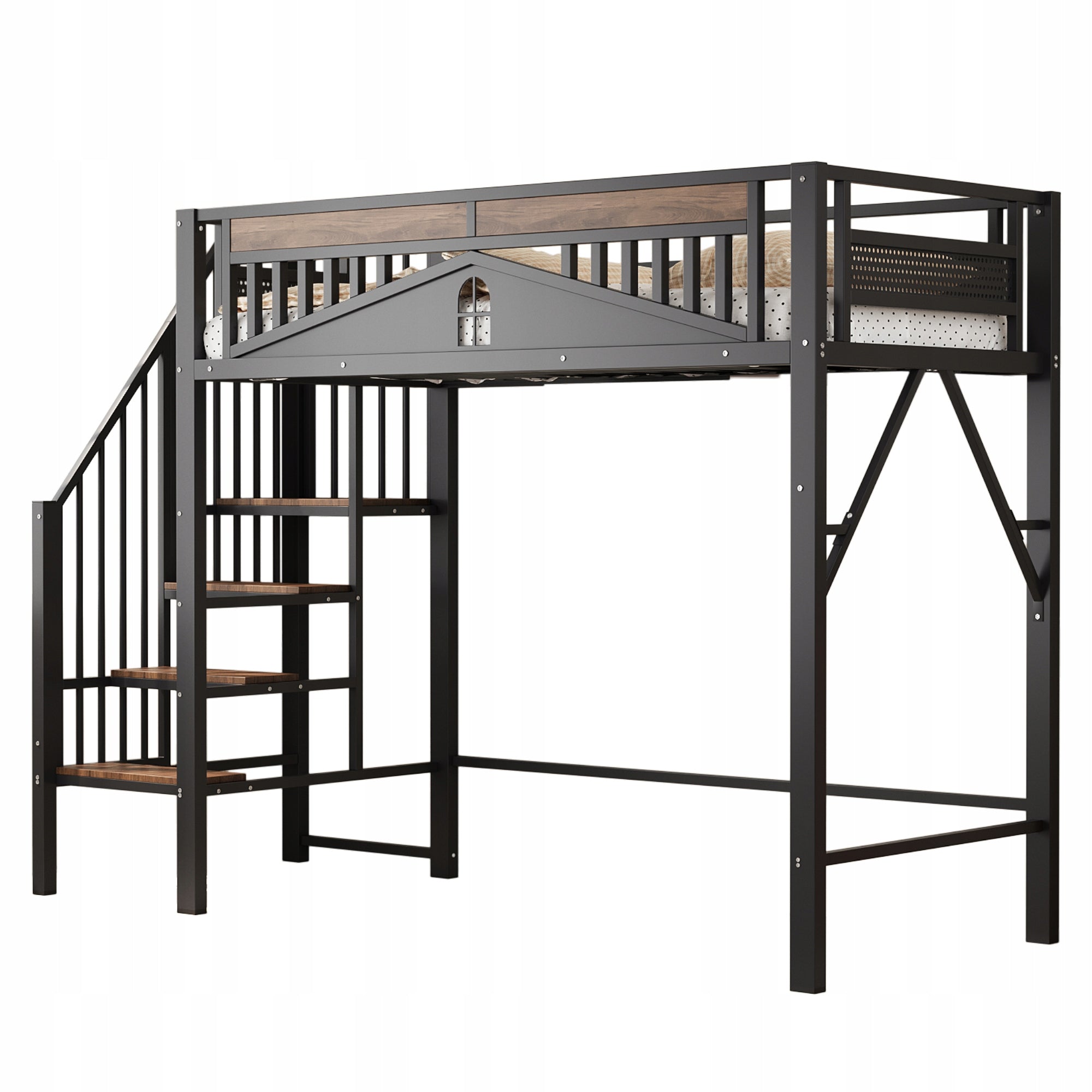 Stylish Black Metal Bed 90x200 cm with Safety Rail and Storage Space