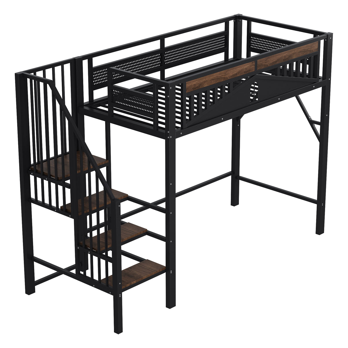 Stylish Metal Bed 90x200 cm with Safety Rail and Storage Space Black