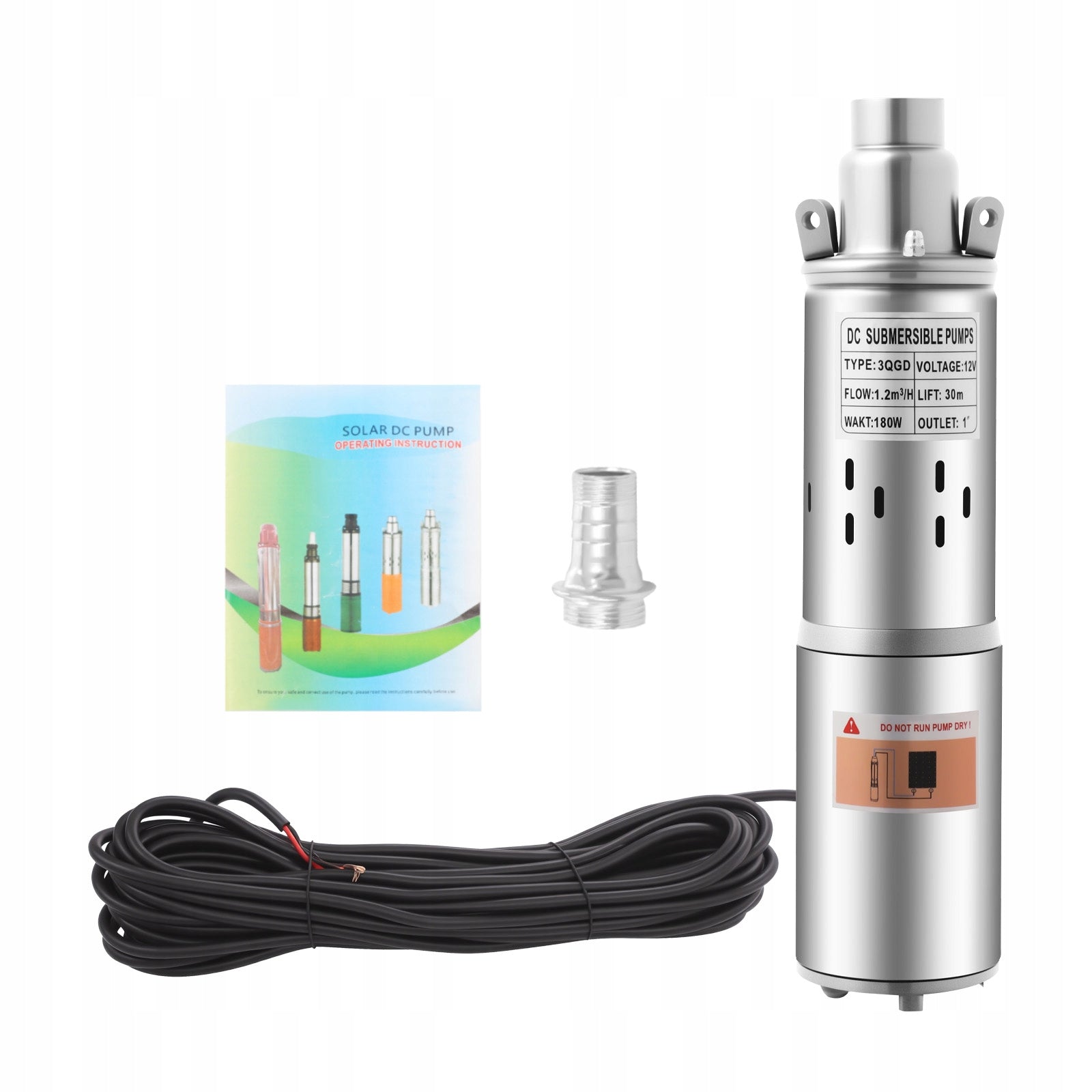 Submersible Water Pump 180W 12V 1.2m³/H 30m Lift Stainless Steel IP68 Product weight with unit packaging 4.5 kg