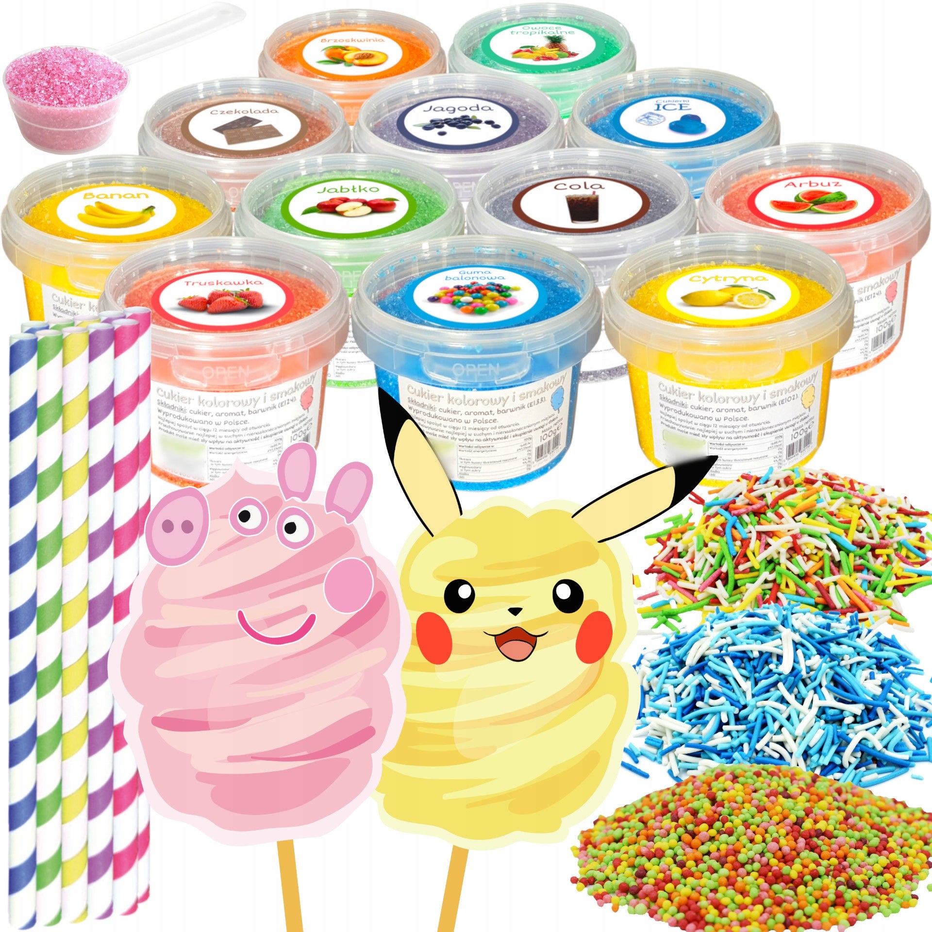 Sugar 12x 100g Colorful Taste For Cotton Candy Bucket +Additives to Machine