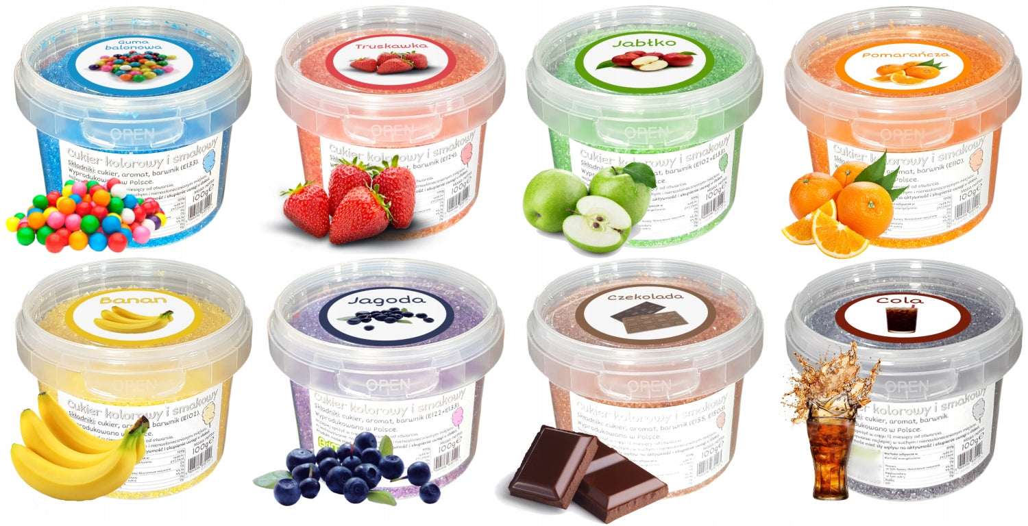 Sugar 8x 100g Colorful Cotton Candy Flavour Bucket + Machine Additives Manufacturer code ADMAJ-CUKIER-SET8-100G-WIAD