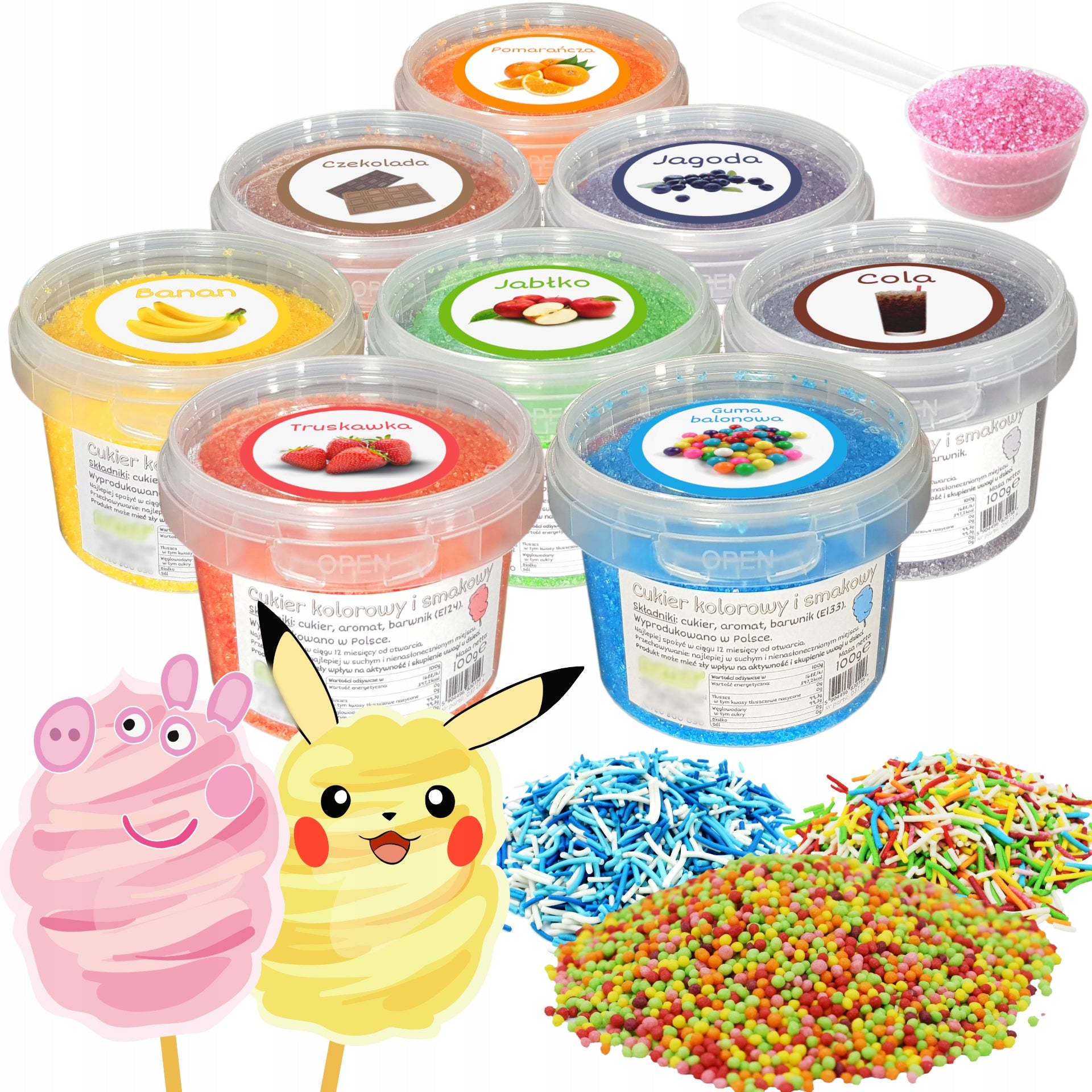 Sugar 8x 100g Colorful Cotton Candy Flavour Bucket + Machine Additives