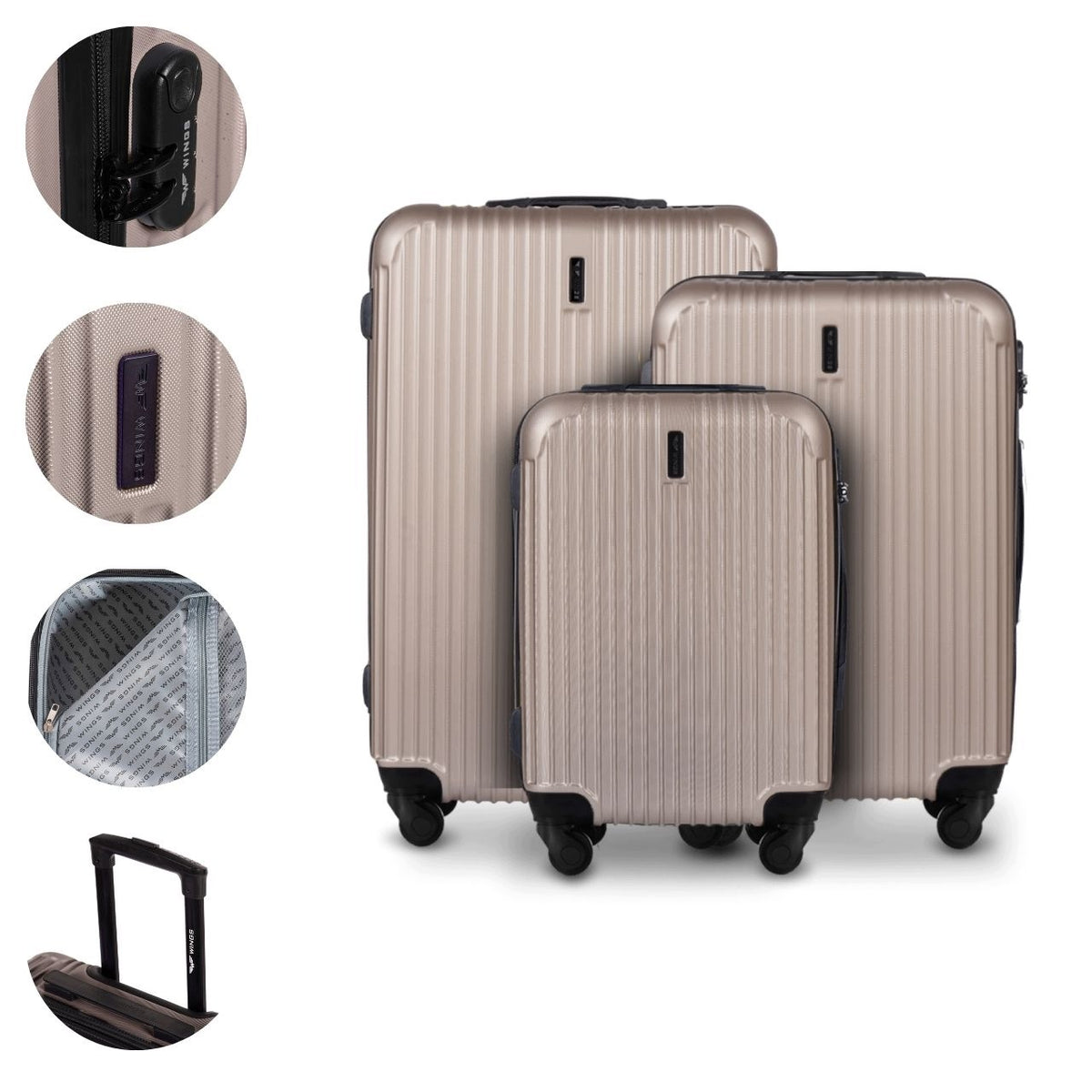 Suitcase set WINGS EGRET 3in1 large medium cabin ABS+ on wheels 360
