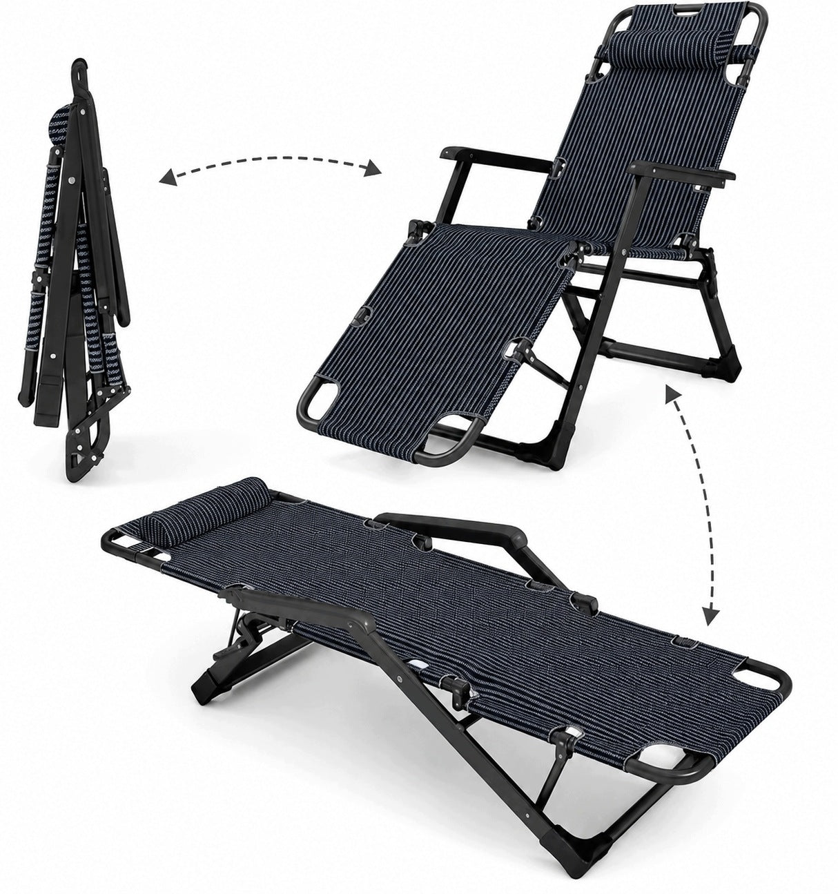 Sun Lounger Folding Garden Beach Adjustable Footrest with Cushion Black Packaging status original