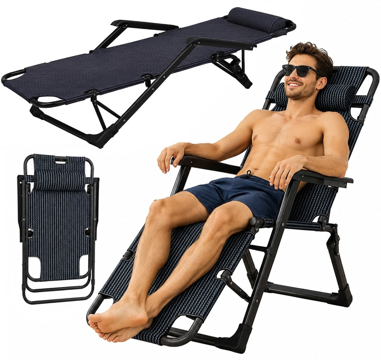 Sun Lounger Folding Garden Beach Adjustable Footrest with Cushion Black