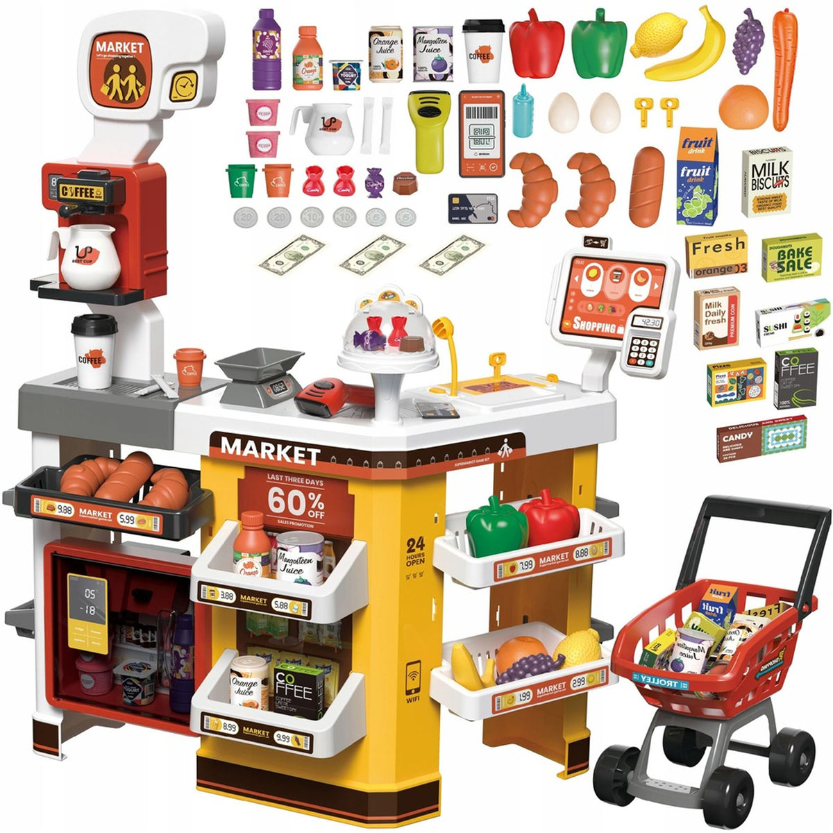 Supermarket Shop Interactive Cash Register Kids Basket Refrigerator with Couple Accessory