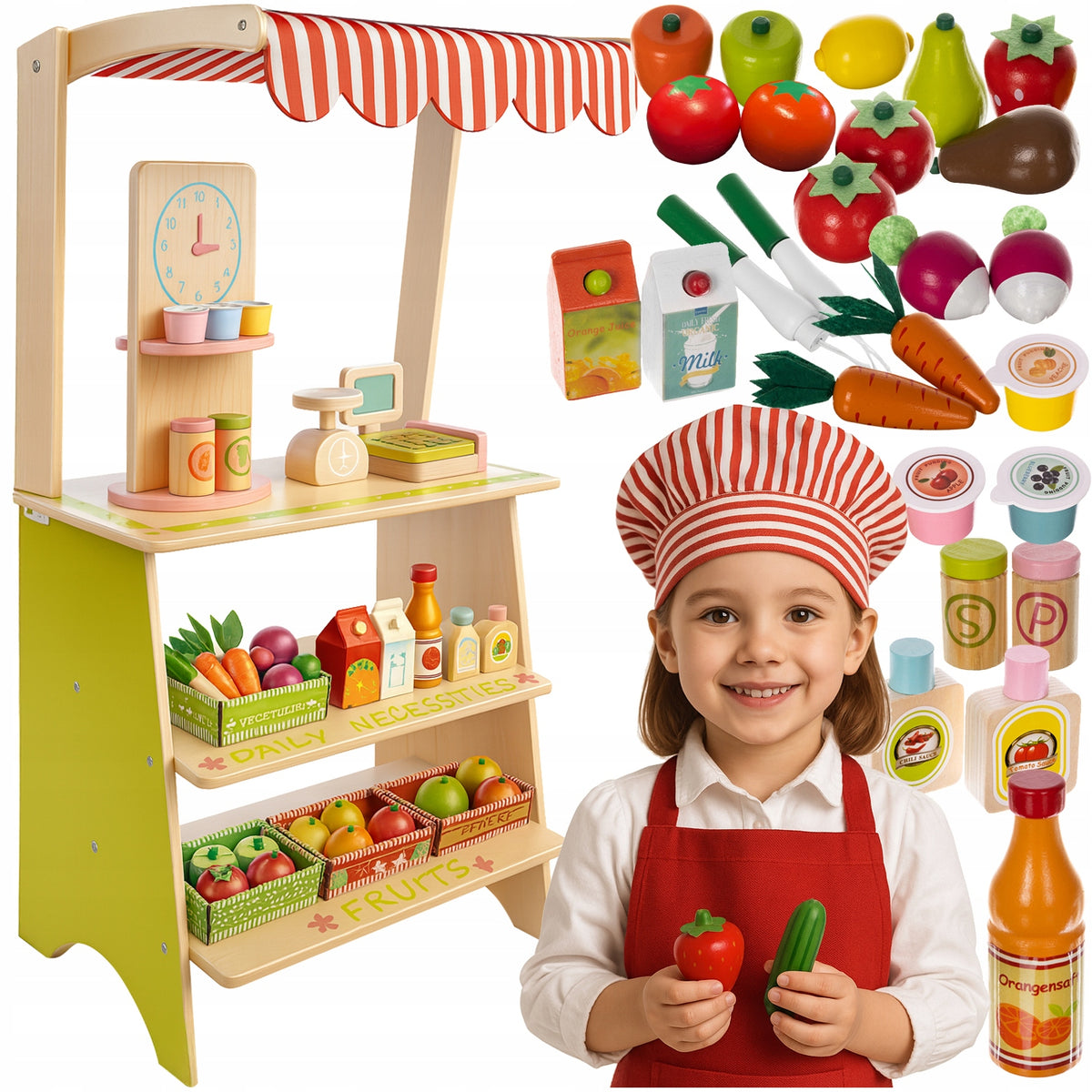 Supermarket for Children Toy Shop Wooden Stall Cash Register + Accessories