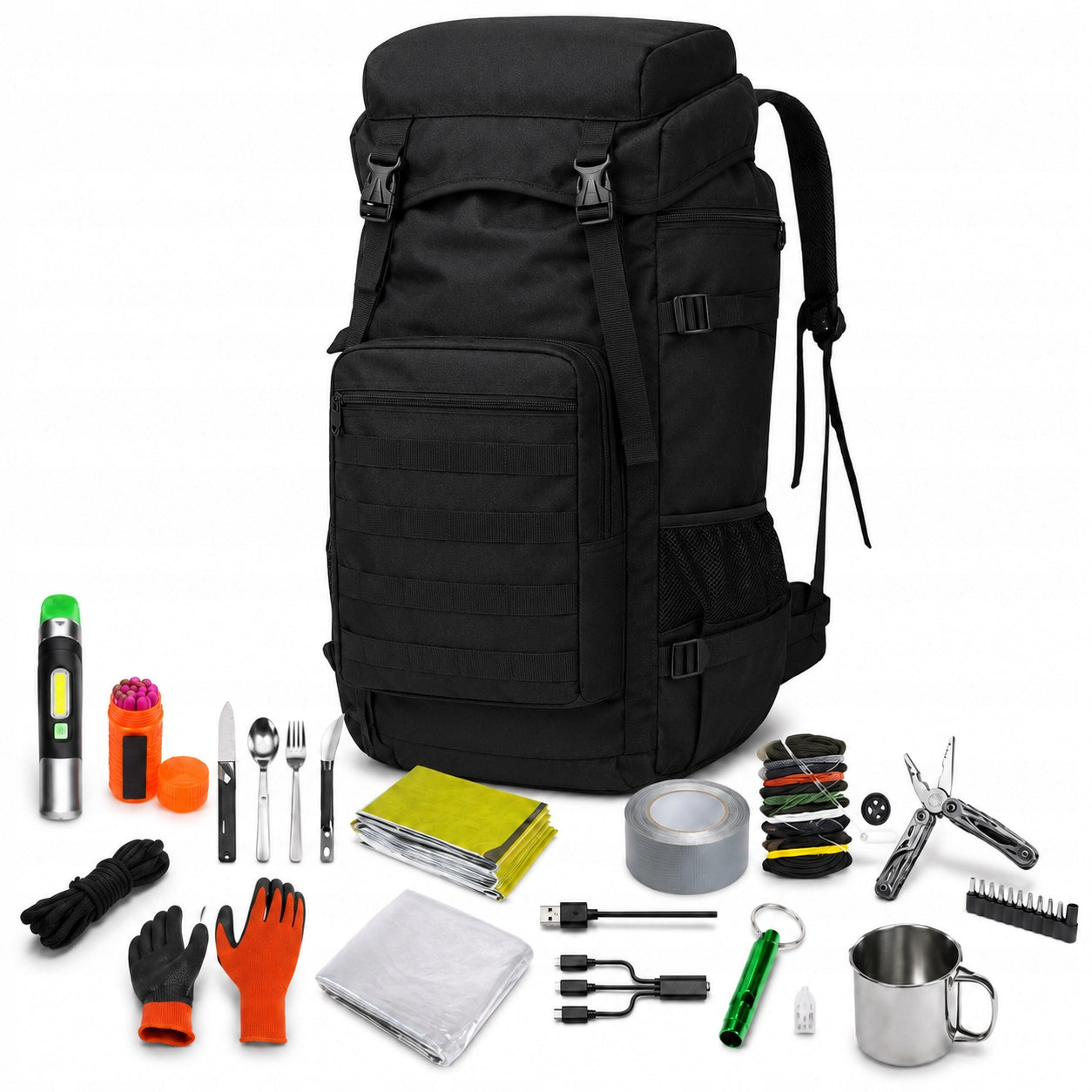 Survival Backpack 60L Black Set of 14 Tourist Elements