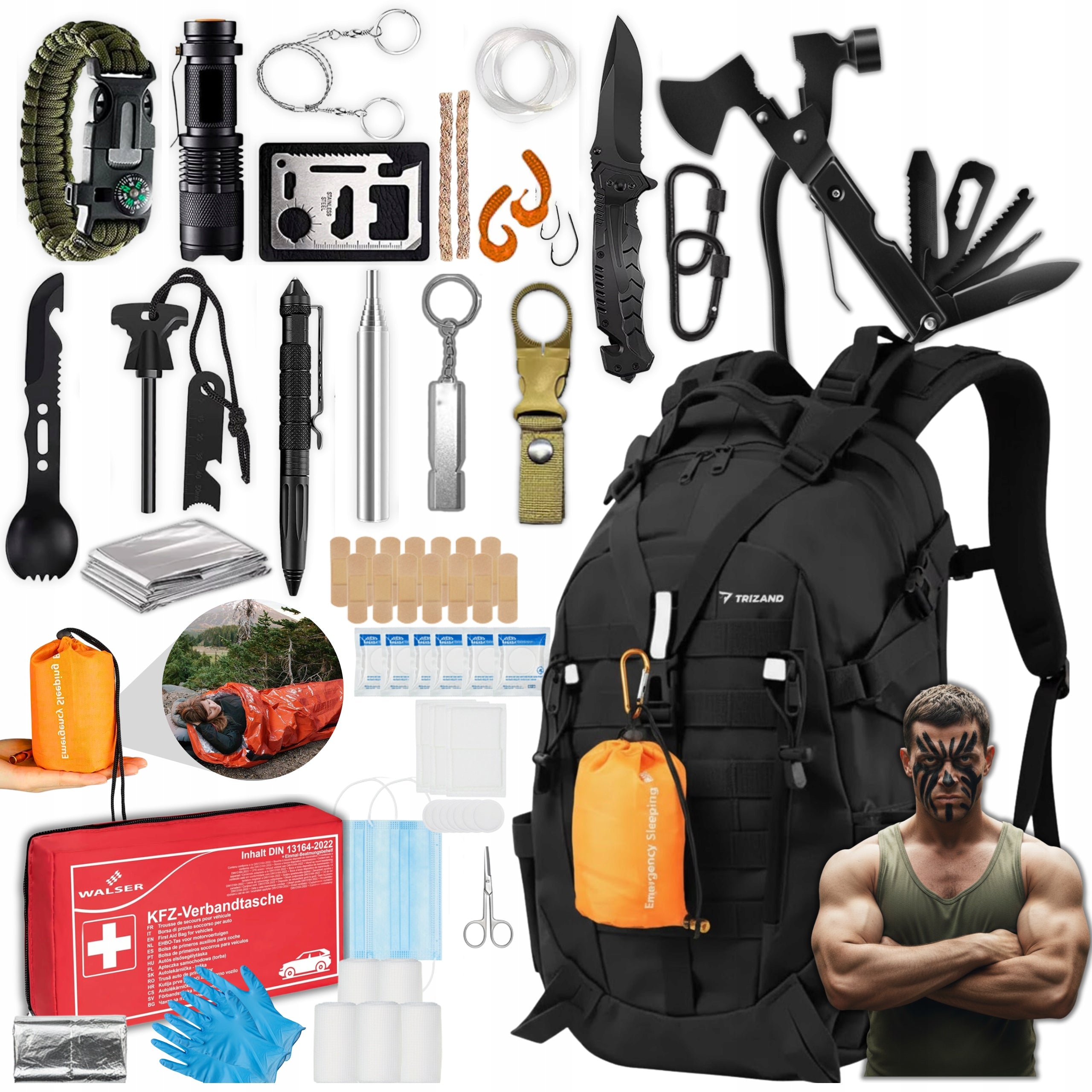 Survival Backpack with Equipment Survival Kit First Aid Kit Sleeping Bag 70in1 Brand Loftek