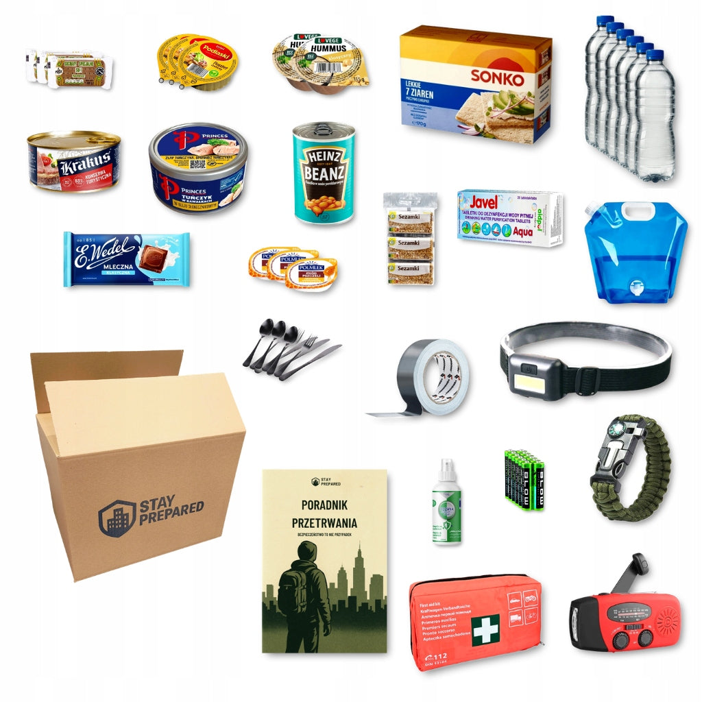 Survival set for 72 hours - food, water, radio, first aid kit