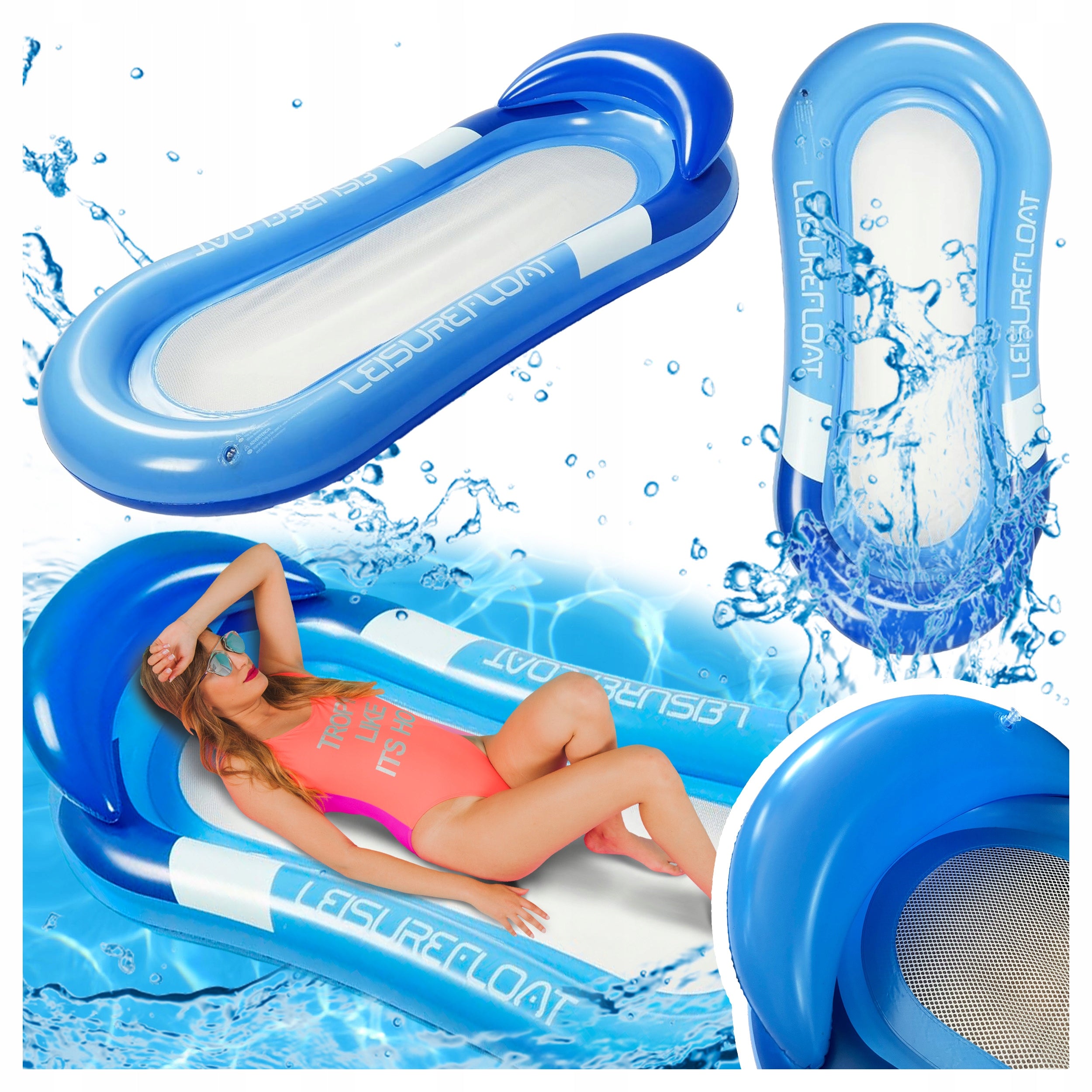 Swimming Mattress With Mesh And Headrest Sun Lounger Water Chair Inflatable Mesh