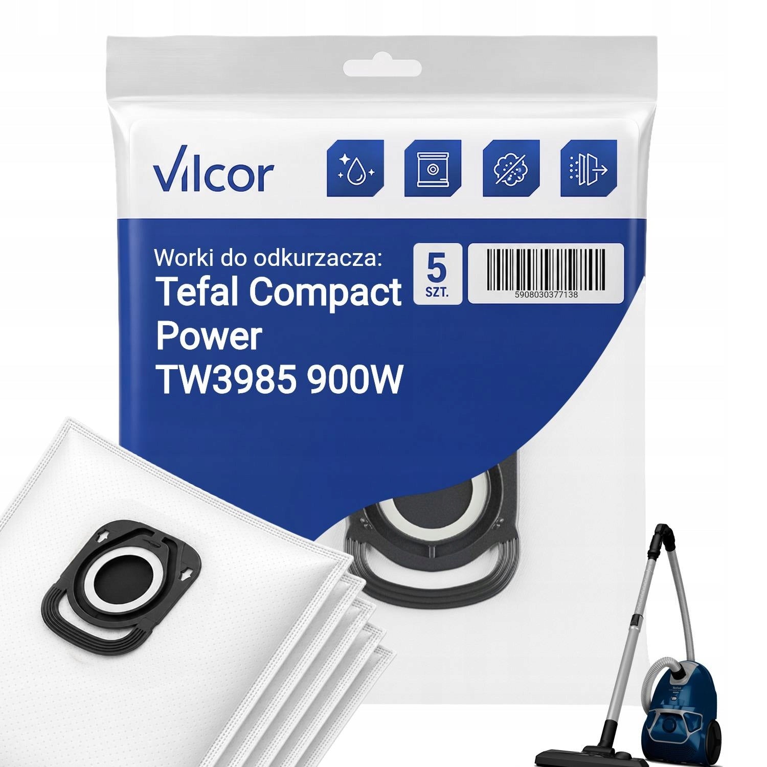 Synthetic Bags for Tefal Compact Power TW3985 900W Vacuum Cleaner, 5 Pieces