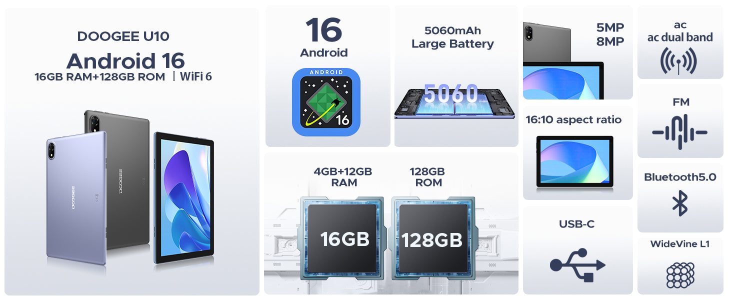 TABLET DLA DZIECI DOOGEE U10 10,1"16/128GB Android16 5060mAh 1TB/GMS/WIFI Packaging status original