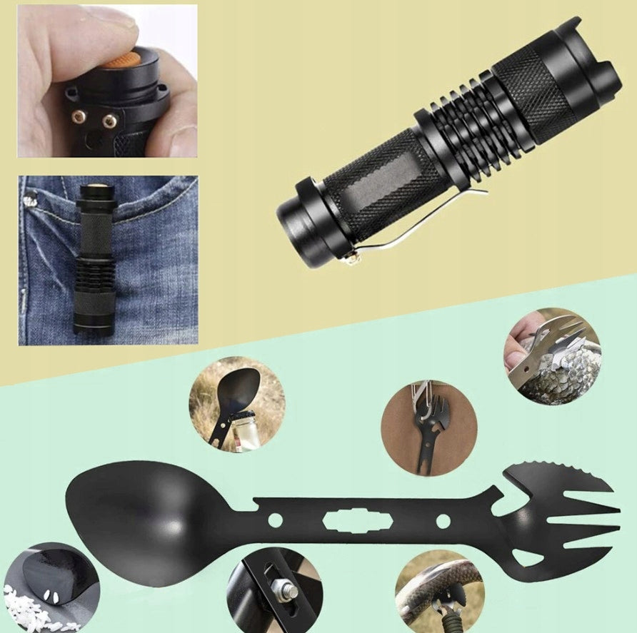 TACTICAL SURVIVAL KIT MILITARY SURVIVAL ESSENTIALS TO SURVIVE Model Zestaw Krzesiwo Nóż Latarka Bushcraft Harcerz 32w1