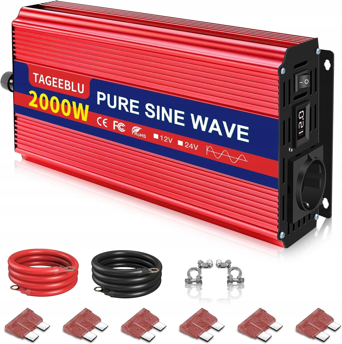 TAGEEBLU 24V 230V 2000W Pure Sinus LCD Peak 4000W Converter