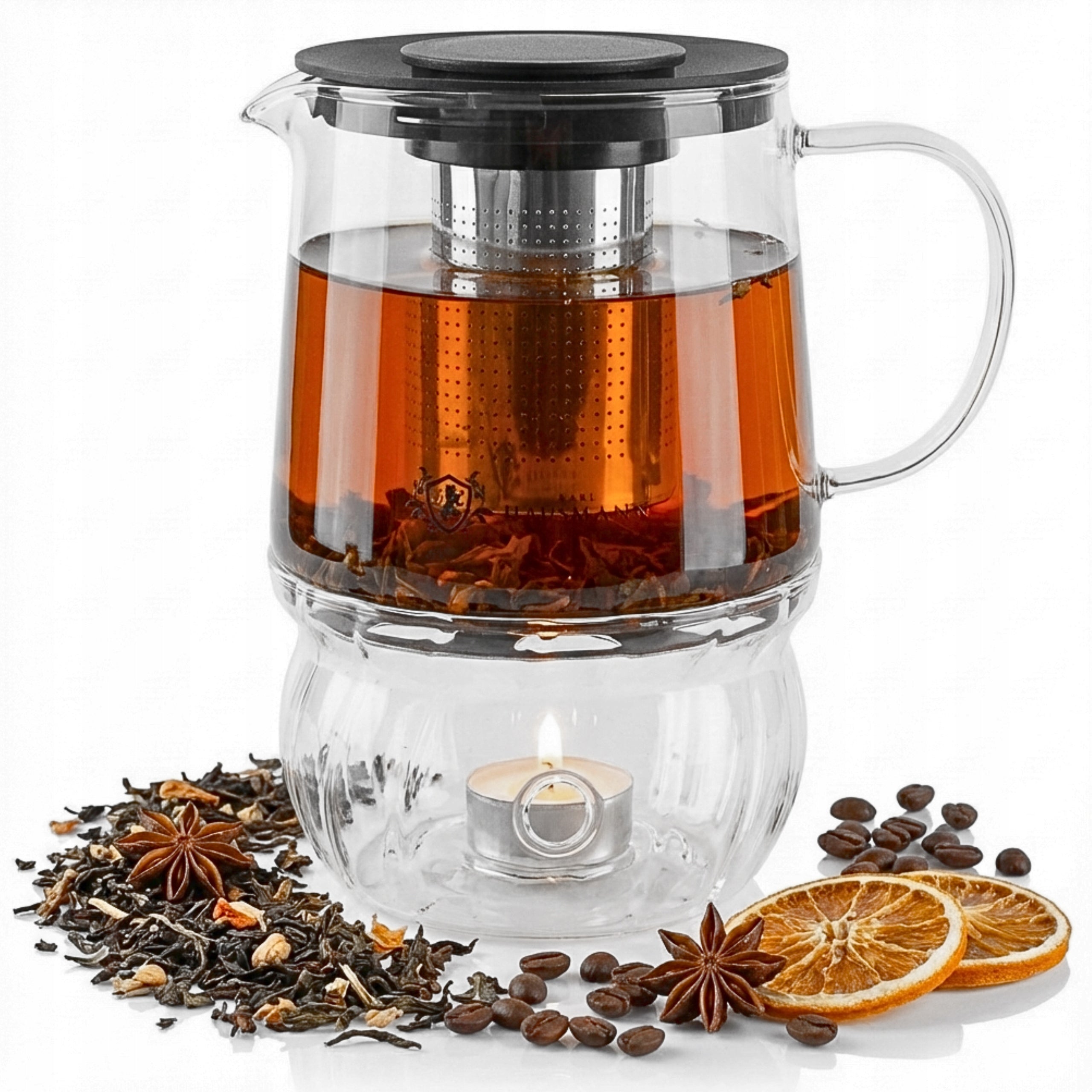 TEA POT GLASS HEAT RESISTANT INFUSER WITH HEATER 1000ML