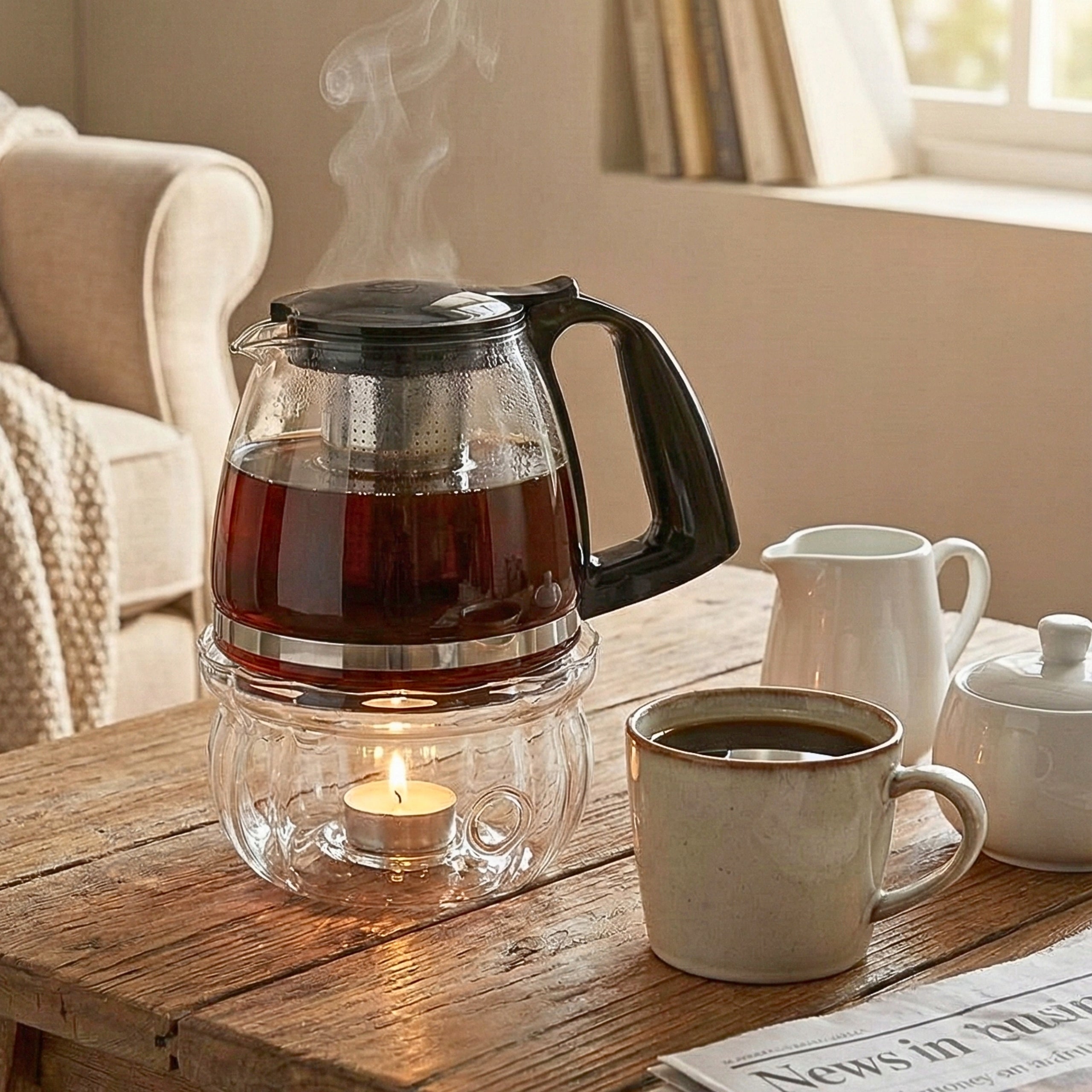 TEA POT GLASS HEAT RESISTANT INFUSER WITH HEATER 1100ML Manufacturer code CZAJNIK DO HERBATY ŻAROODPORNY Z SITKIEM 1100