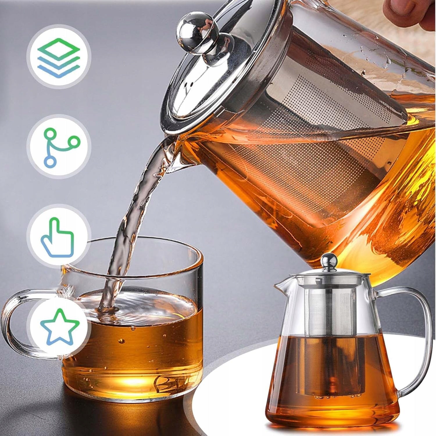 TEA POT HERBS GLASS TEAPOT 1300ML FILTER FOR LEMONADE Manufacturer code DZBANEK Z ZAPARZACZEM ŻAROODPORNY Z SITKIEM