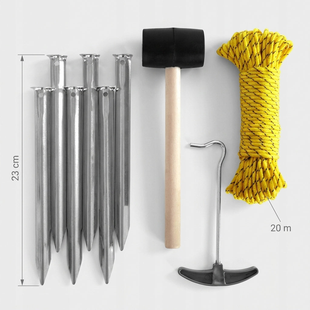 TENT HERRINGS with hammer hook rope included camping Manufacturer code Śledzie do namiotu z młotkiem linką Cadro