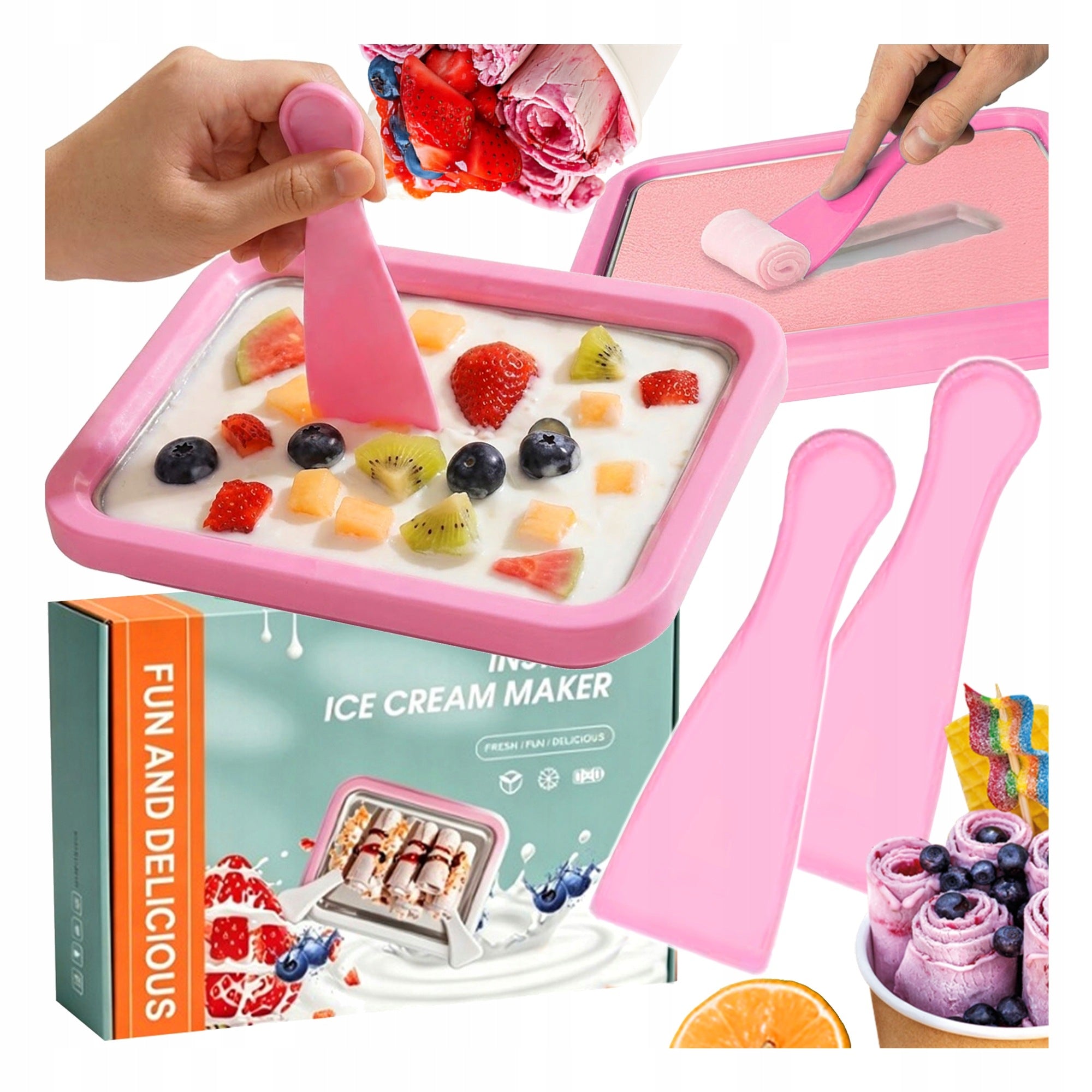 THAI ROLLED ICE CREAM MACHINE FREEZING PLATE WITH 2 SPATULAS PINK