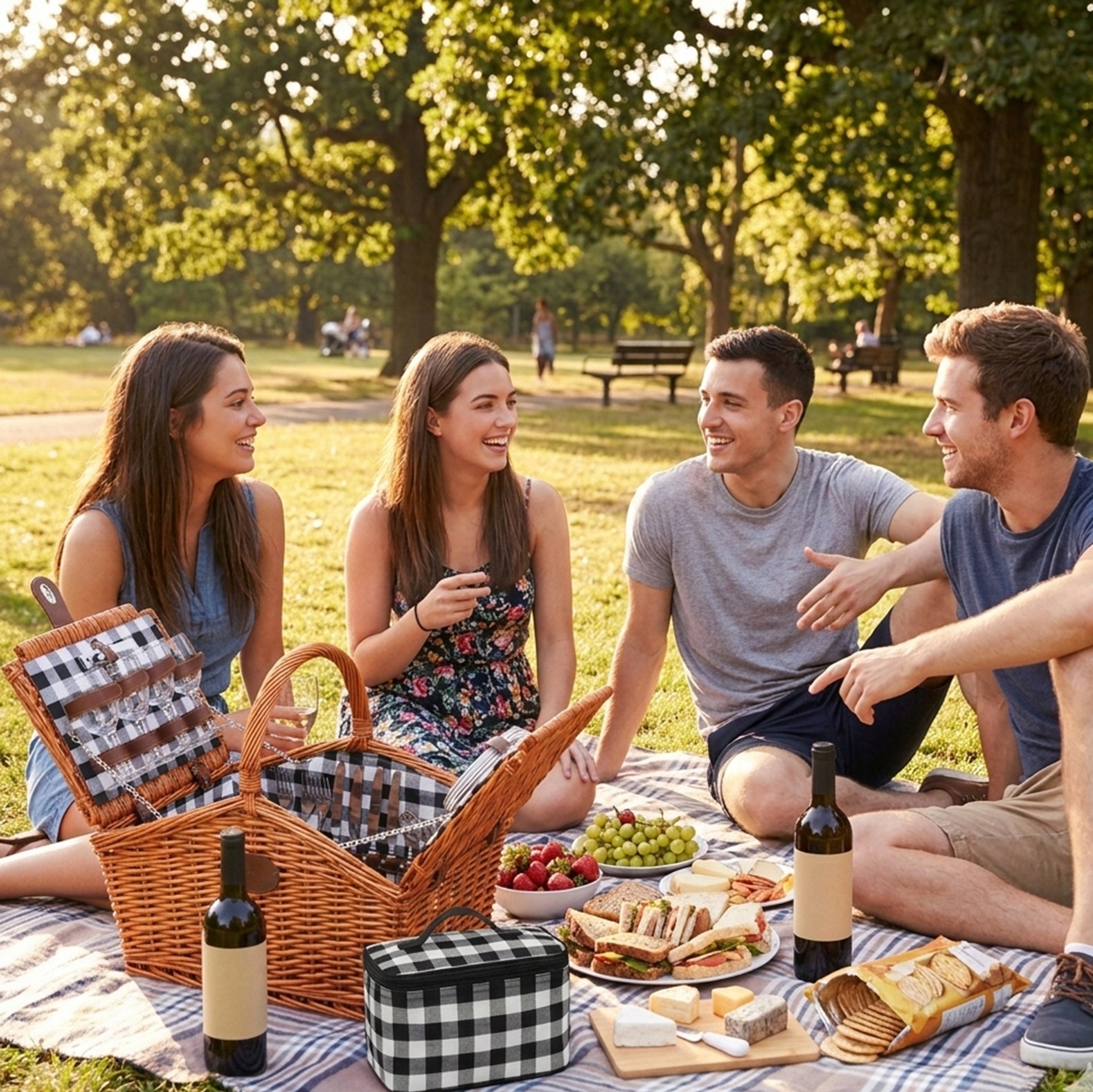 THERMAL WICKER PICNIC BASKET WITH EQUIPMENT GLASS PLATES FOR 4 PEOPLE Packaging status original
