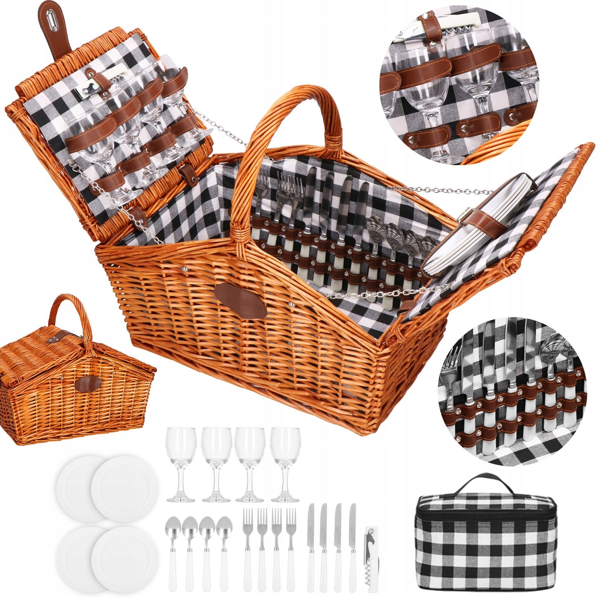 THERMAL WICKER PICNIC BASKET WITH EQUIPMENT GLASS PLATES FOR 4 PEOPLE