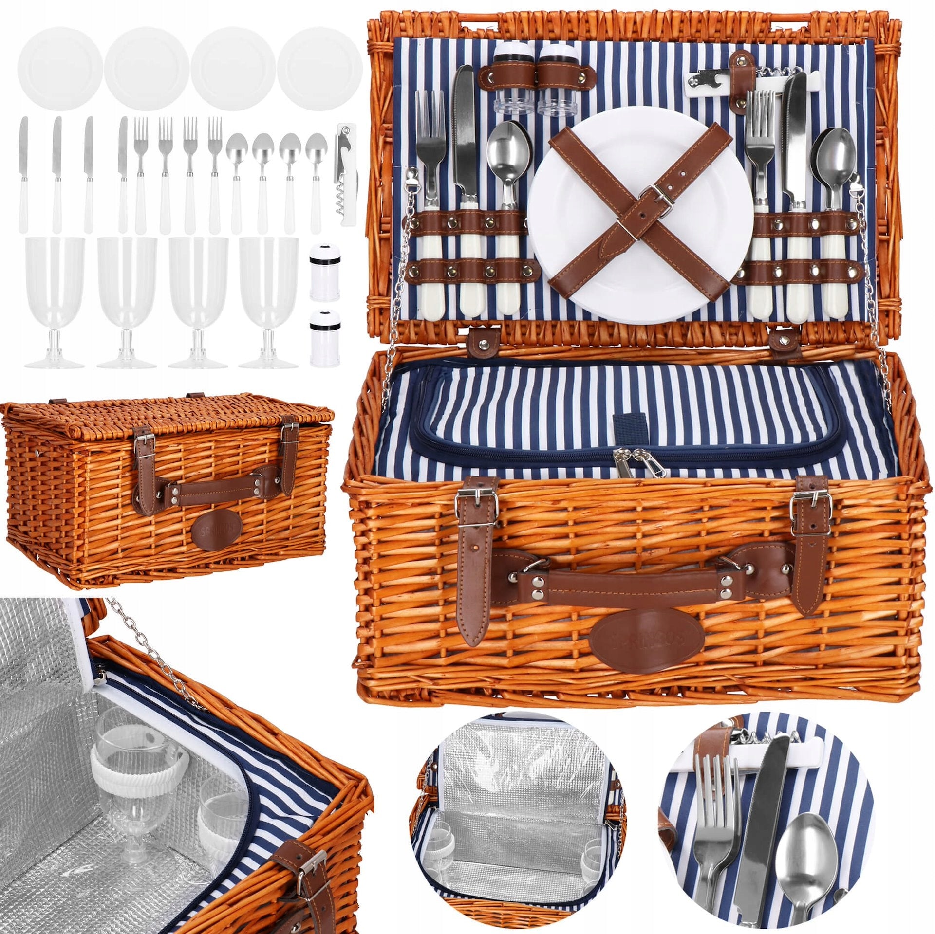 THERMAL WICKER PICNIC BASKET WITH EQUIPMENT PLATES FOR 4 PEOPLE PICNIC
