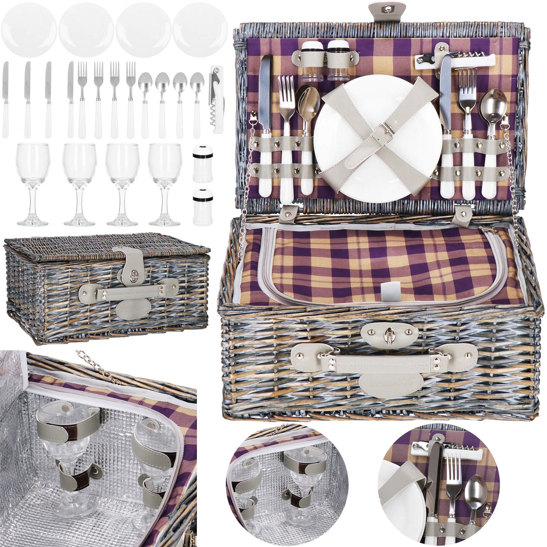 THERMAL WICKER PICNIC BASKET WITH EQUIPMENT PLATES GLASS FOR 4 PEOPLE